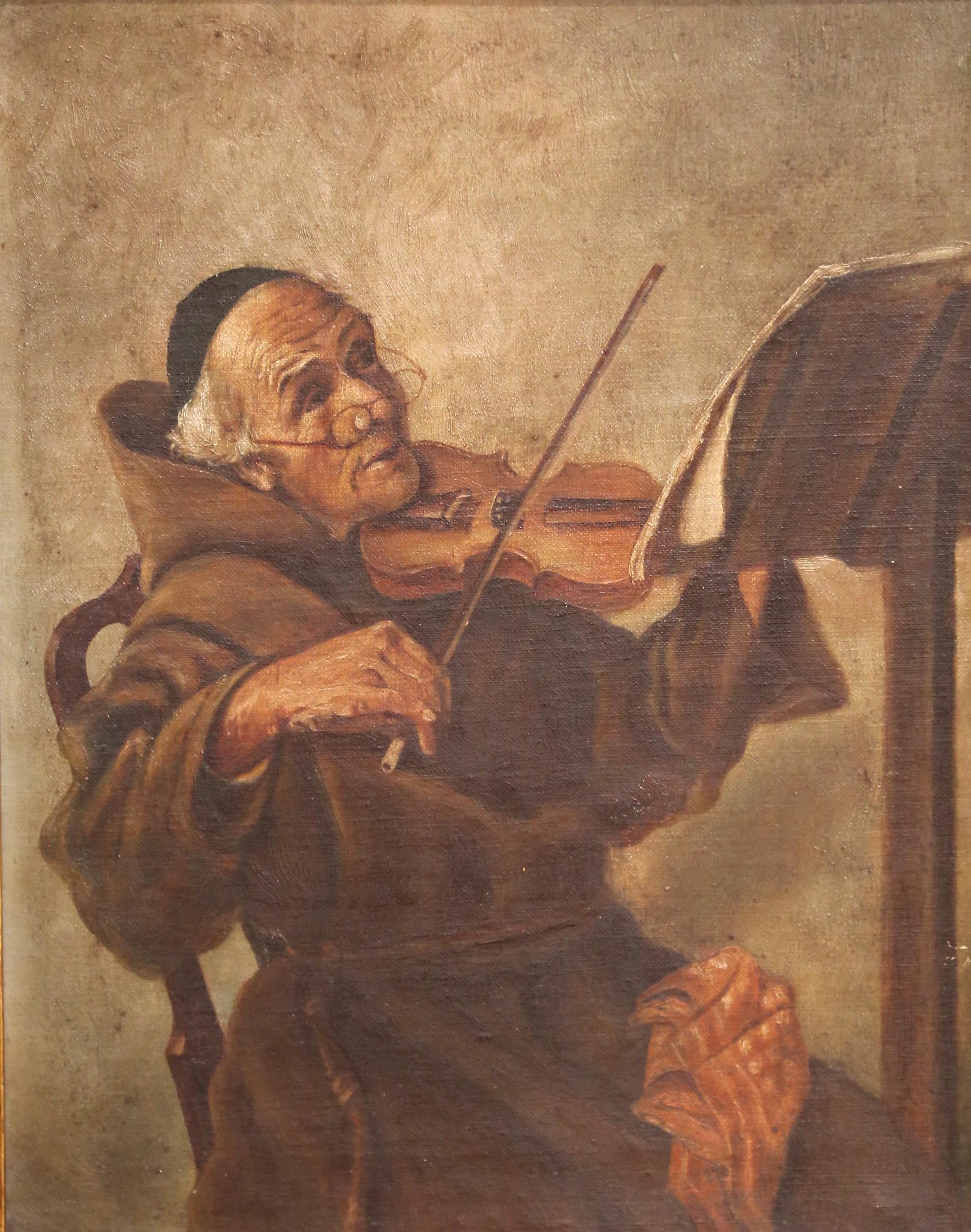Français A.I.C., 19ème siècle, peinture sur toile d'un moine jouant du violon dans un cadre doré en vente