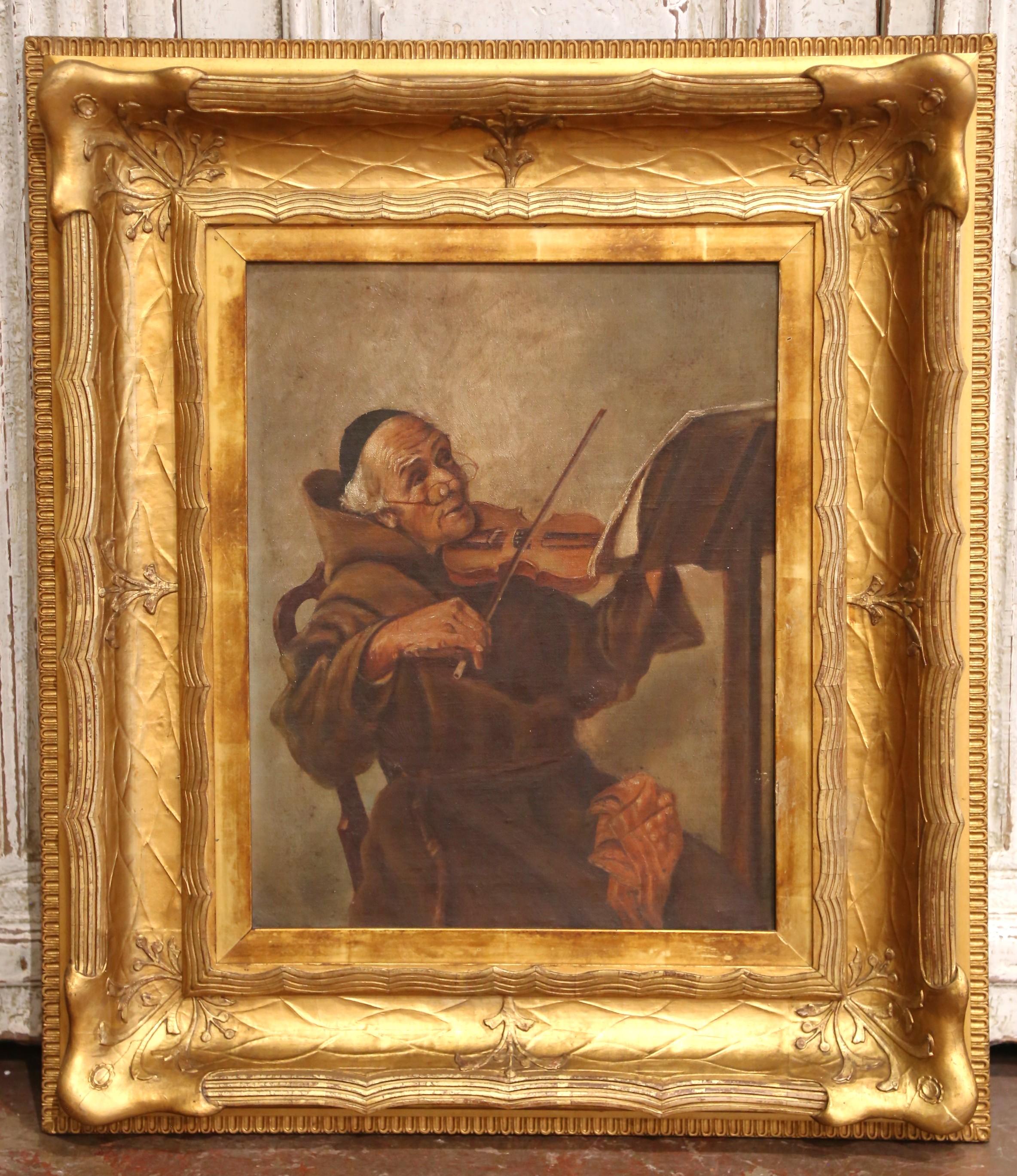A.I.C., 19ème siècle, peinture sur toile d'un moine jouant du violon dans un cadre doré Excellent état - En vente à Dallas, TX