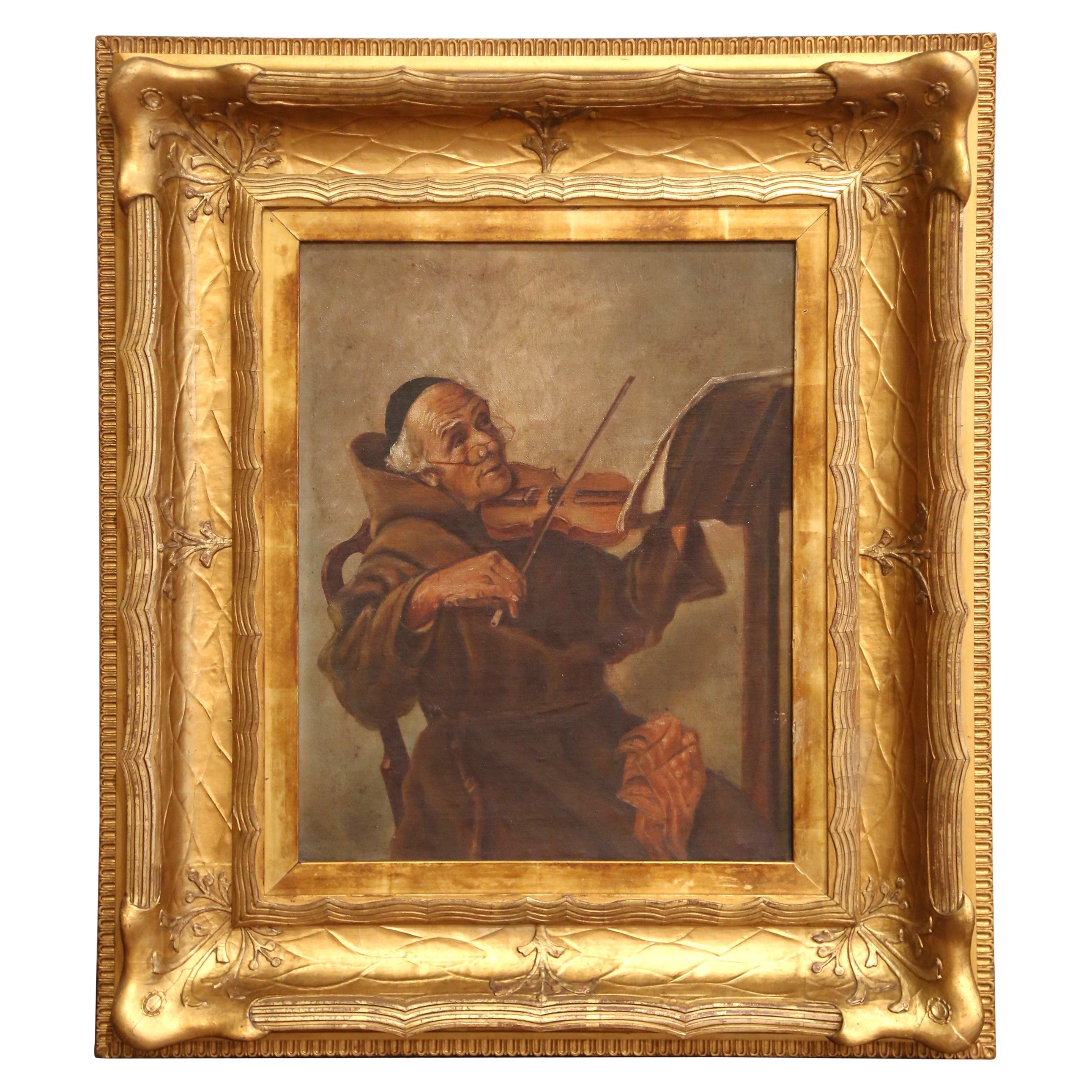 A.I.C., 19ème siècle, peinture sur toile d'un moine jouant du violon dans un cadre doré en vente
