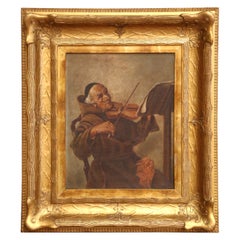 A.I.C., 19ème siècle, peinture sur toile d'un moine jouant du violon dans un cadre doré