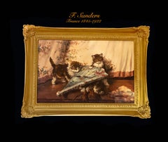 19th C. French Oil On Canvas Painting Of Playing Cats By F. Sanders