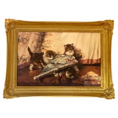 Antique 19th C. French Oil On Canvas Painting Of Playing Cats By F. Sanders