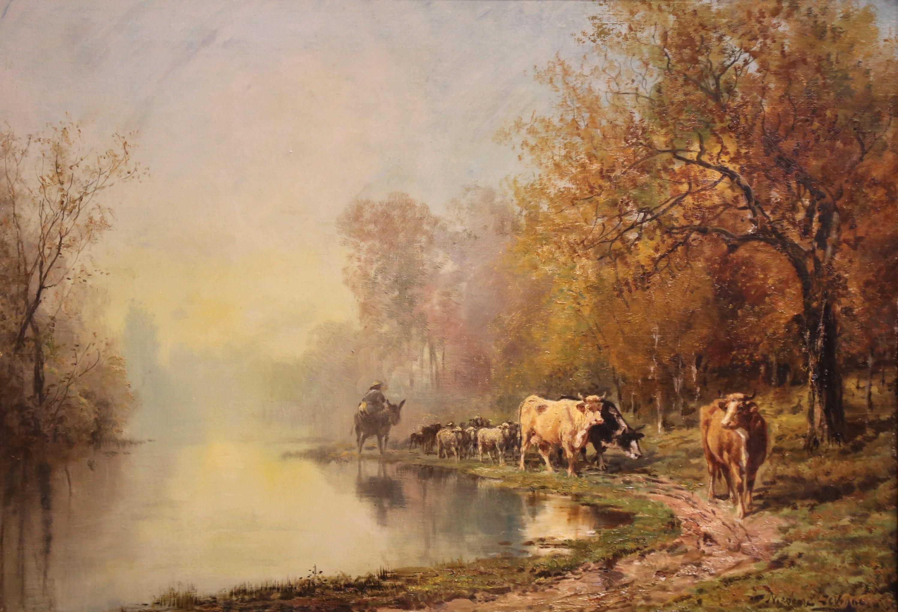 19th C. French Oil Painting with Herd in Carved Frame Signed Théodore Levigne In Excellent Condition For Sale In Dallas, TX