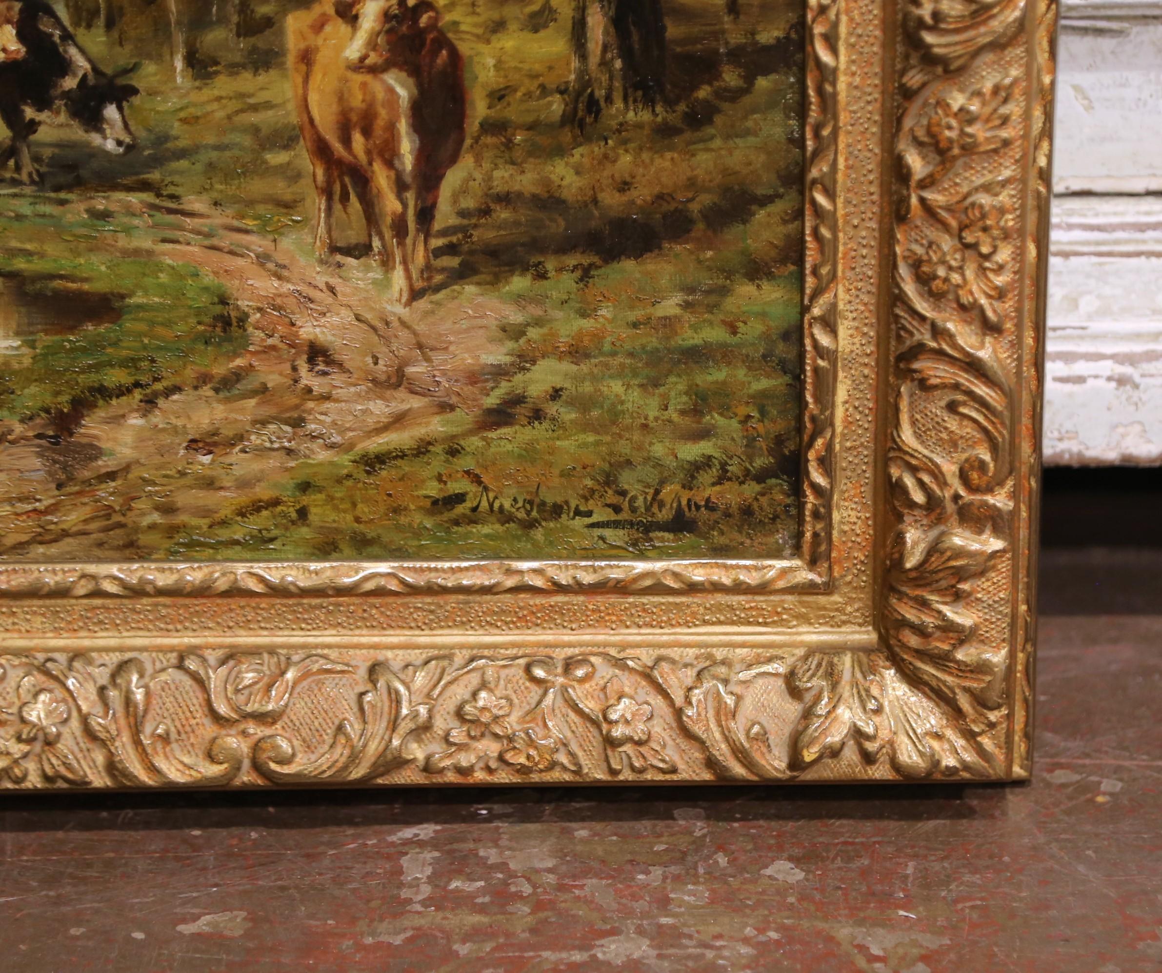 19th Century 19th C. French Oil Painting with Herd in Carved Frame Signed Théodore Levigne For Sale