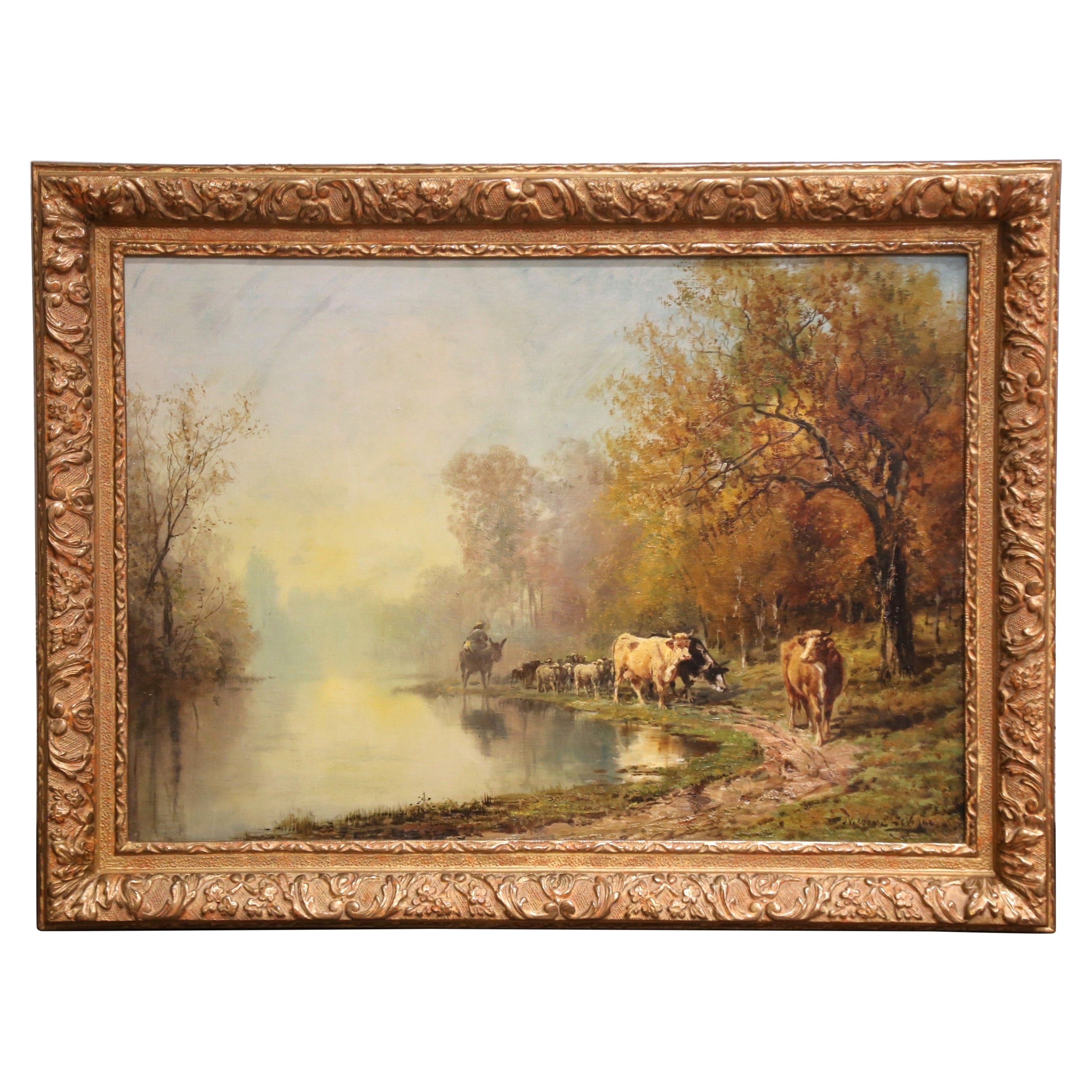 Pittura a olio francese del XIX secolo con mandria in cornice intagliata firmata Théodore Levigne