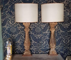 19th Century French Original Patina Wood Baluster Halves as Table Lamps