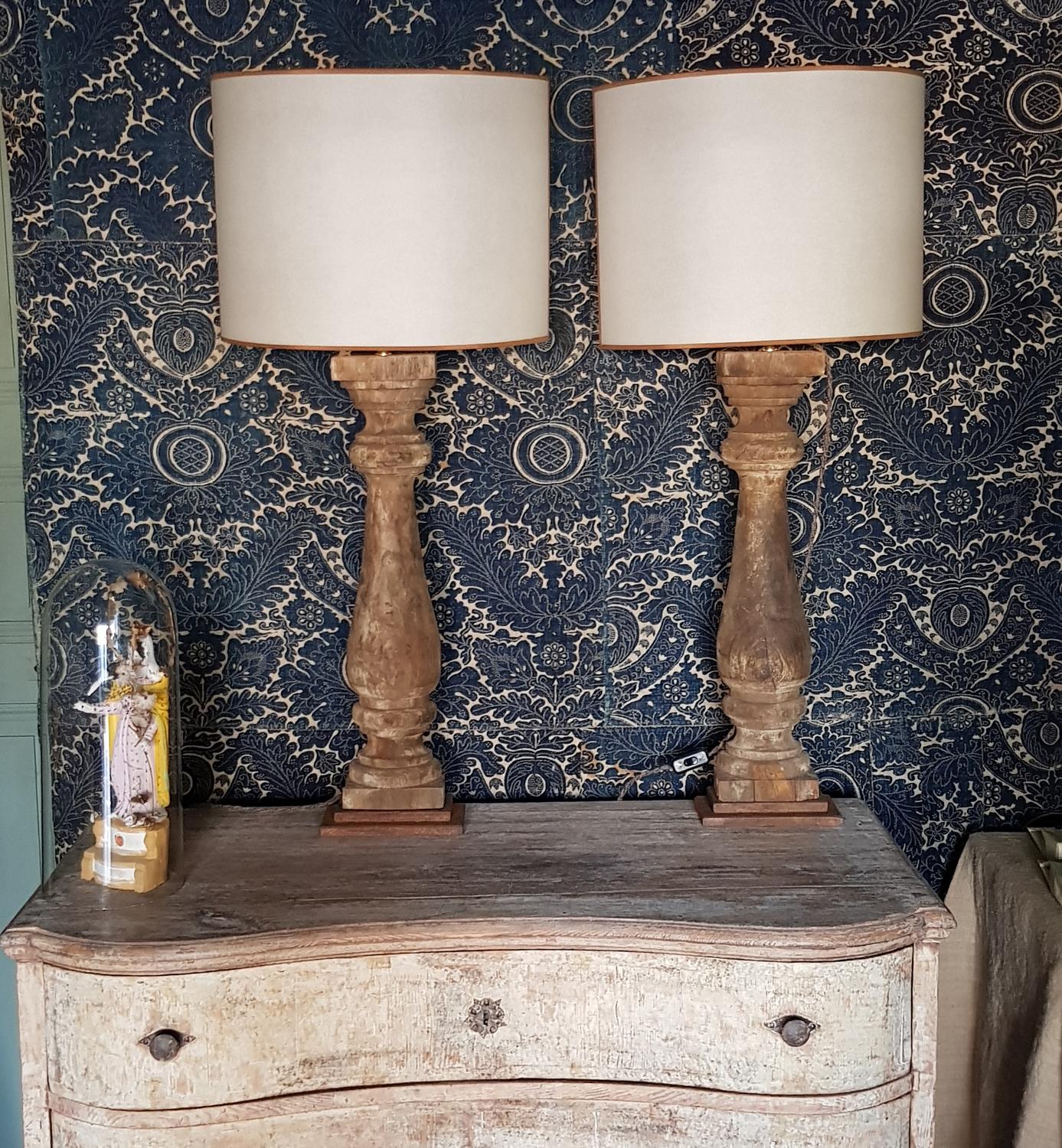 19th Century French Original Patina Wood Baluster Halves as Table Lamps In Good Condition In Wichita, KS