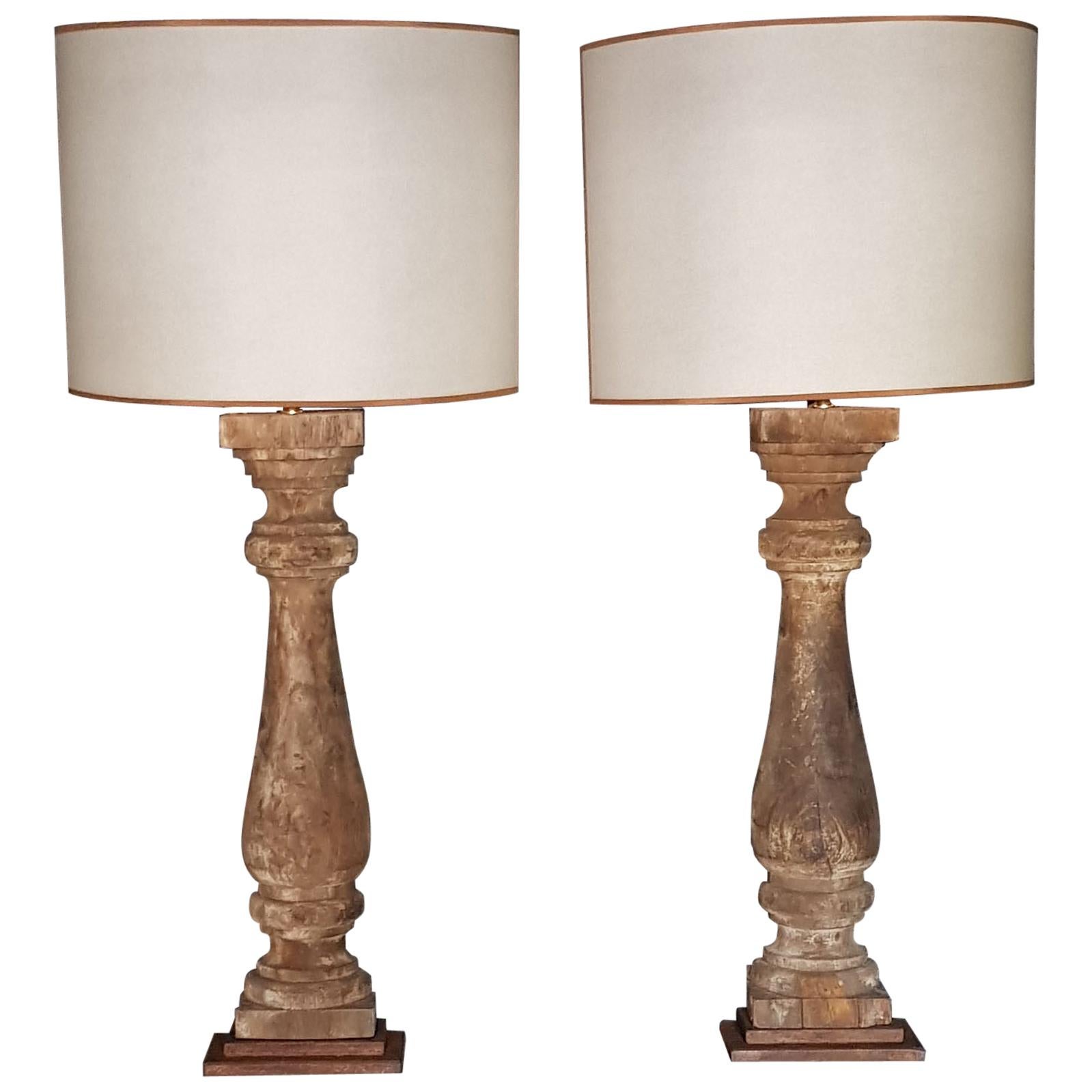 19th Century French Original Patina Wood Baluster Halves as Table Lamps