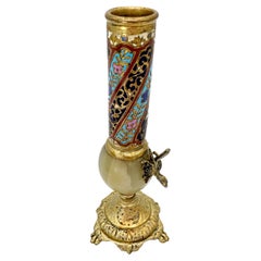 Antique 19th C French Ormolu, Onyx Champleve Enamel Bud Vase with Applied Bee