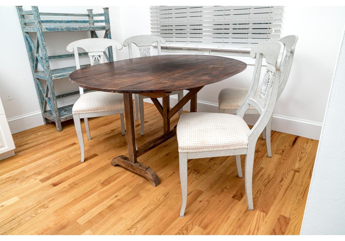 Rustic 19th C.  French Oval Vintner's Table With 4 Gustavian Style Chairs For Sale
