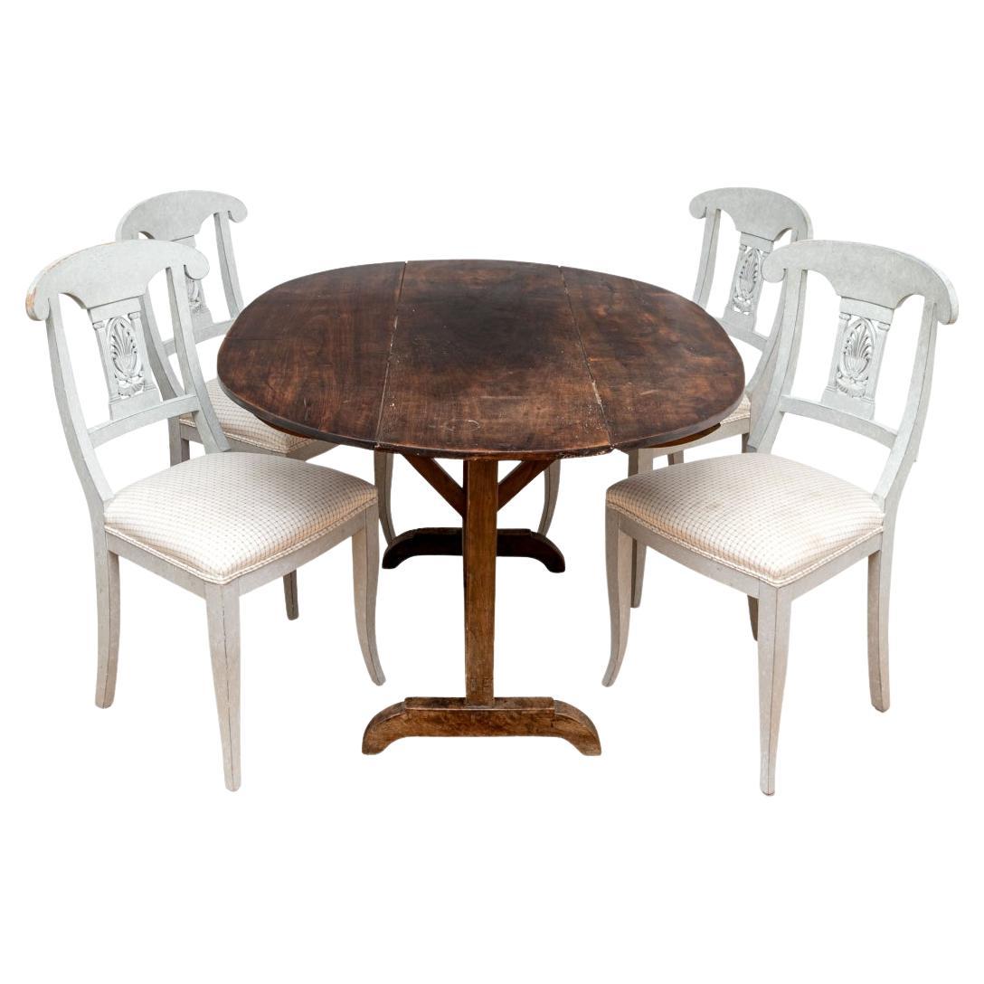 19th C.  French Oval Vintner's Table With 4 Gustavian Style Chairs