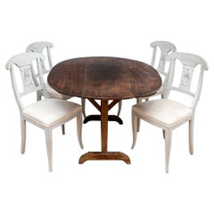 Used 19th C.  French Oval Vintner's Table With 4 Gustavian Style Chairs