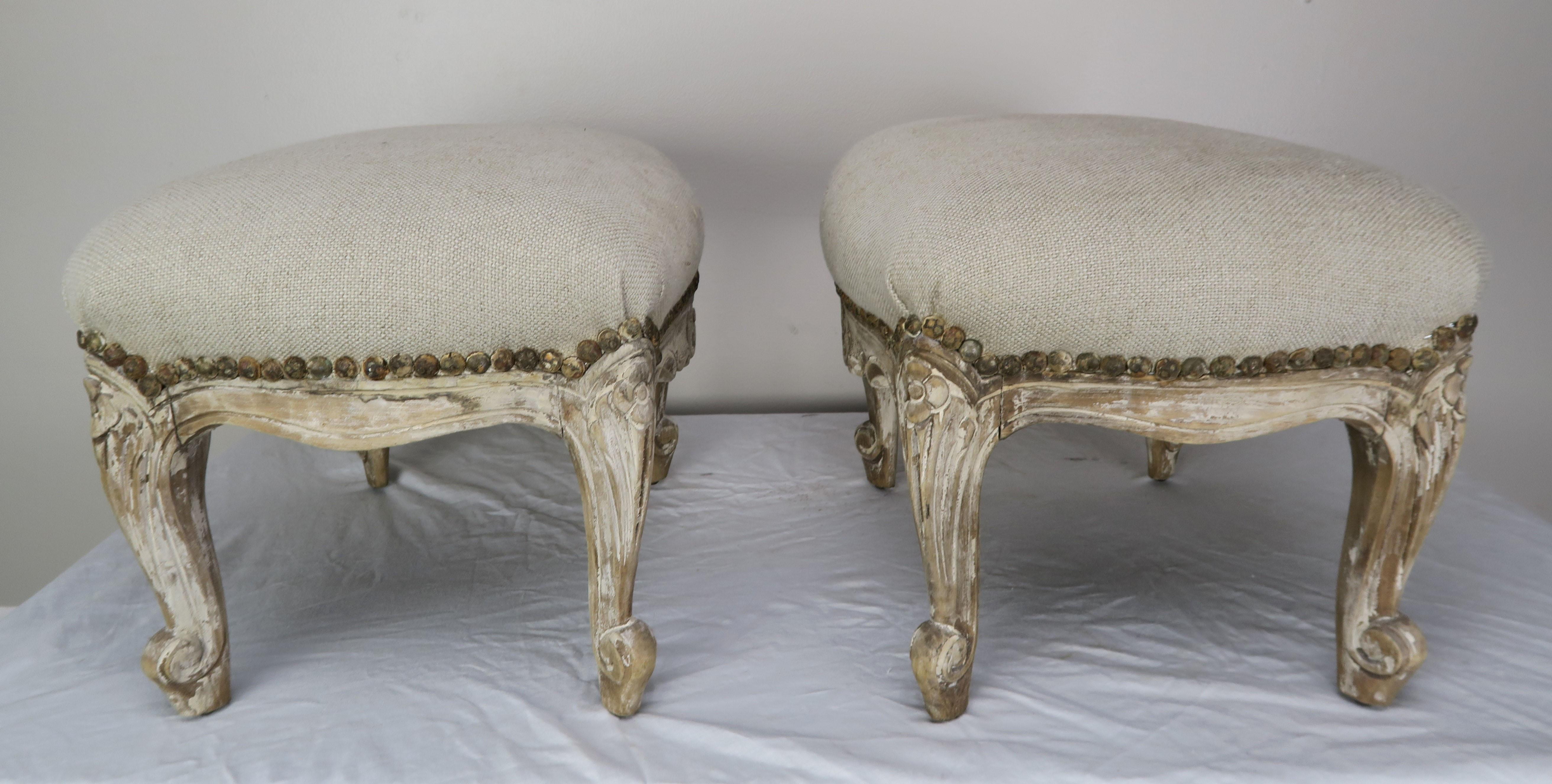 Linen 19th Century French Painted Benches/Footstools, Pair