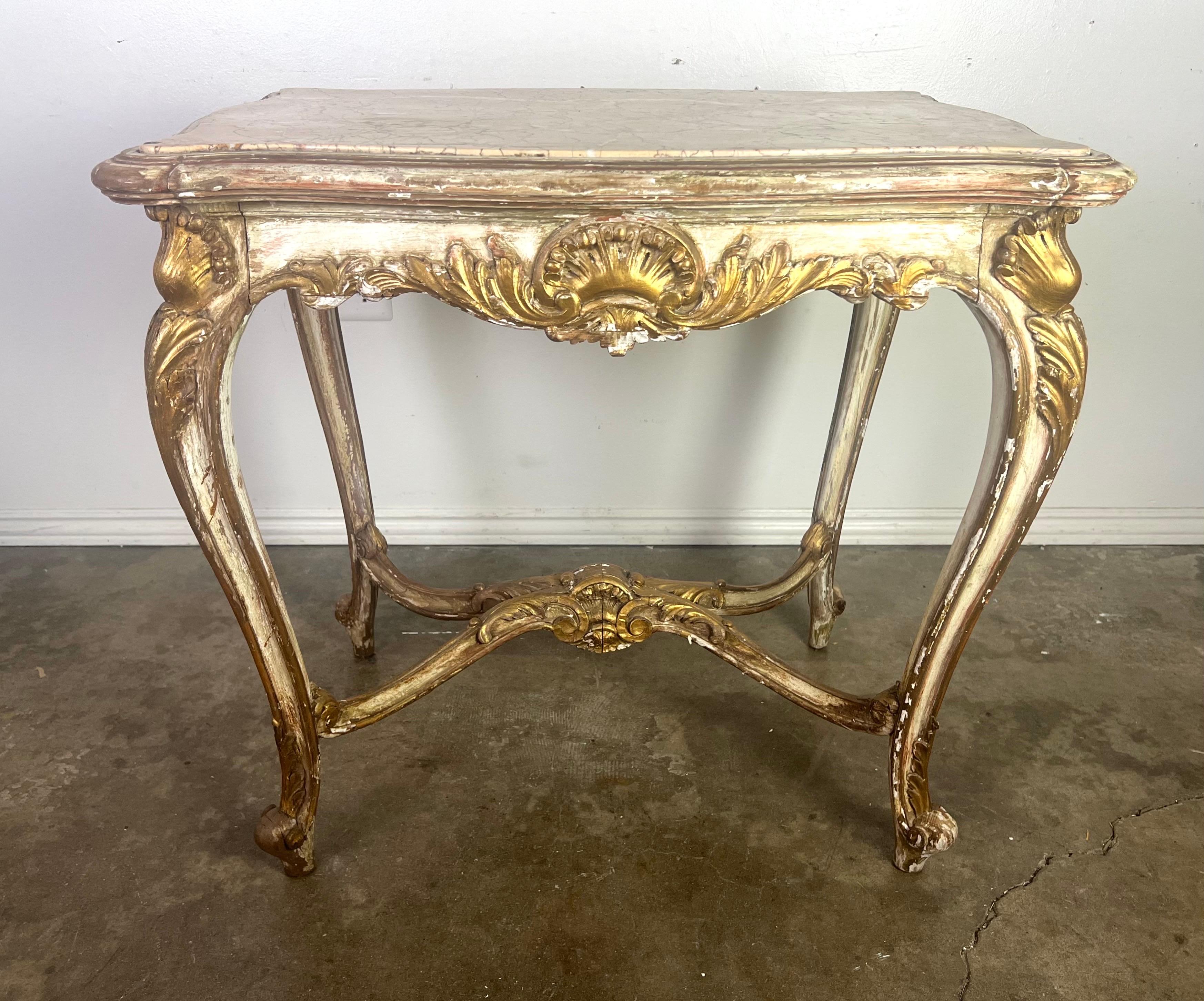 19th C. French Painted & Parcel Gilt Table w/ Marble Top For Sale 11
