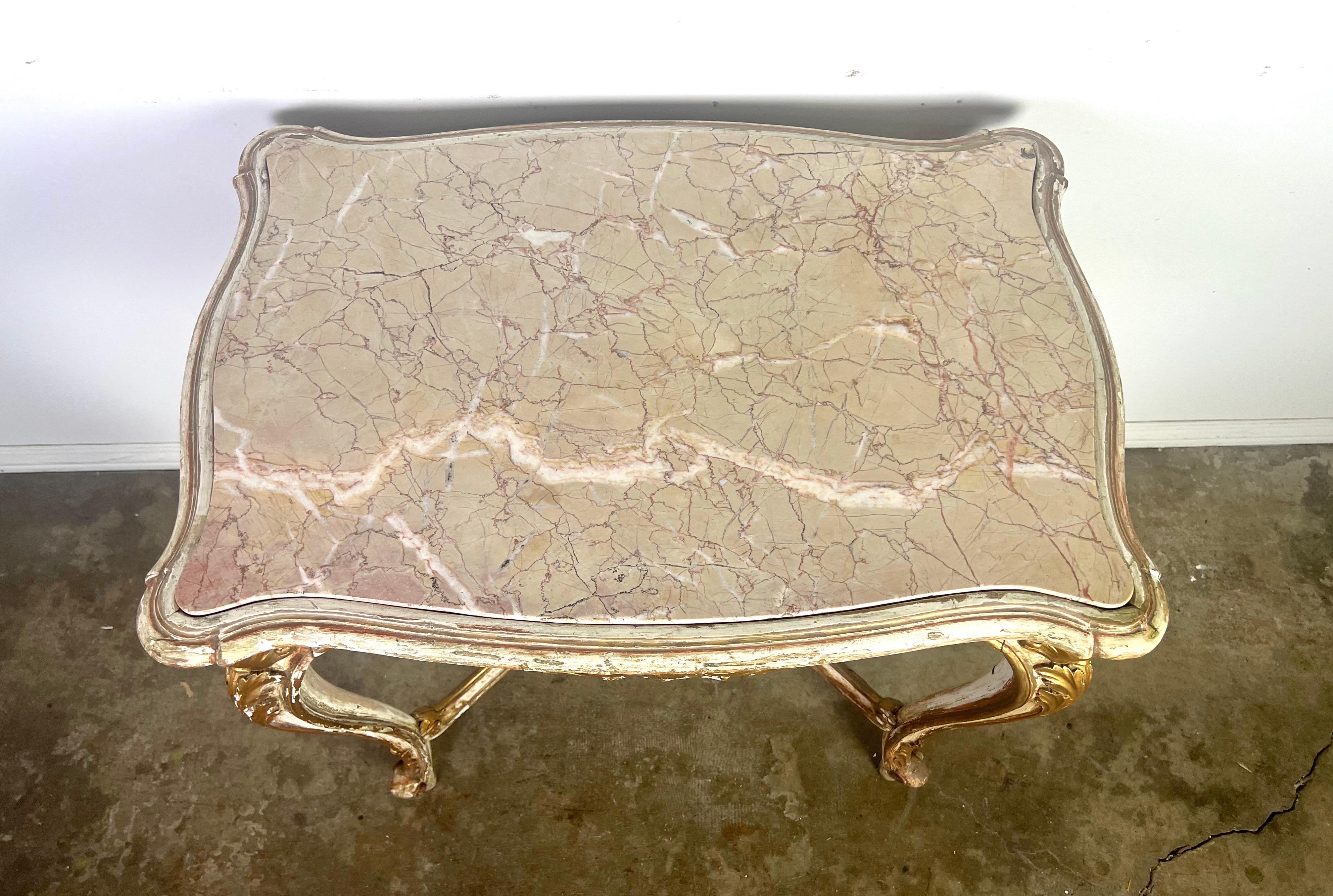 Rococo 19th C. French Painted & Parcel Gilt Table w/ Marble Top For Sale