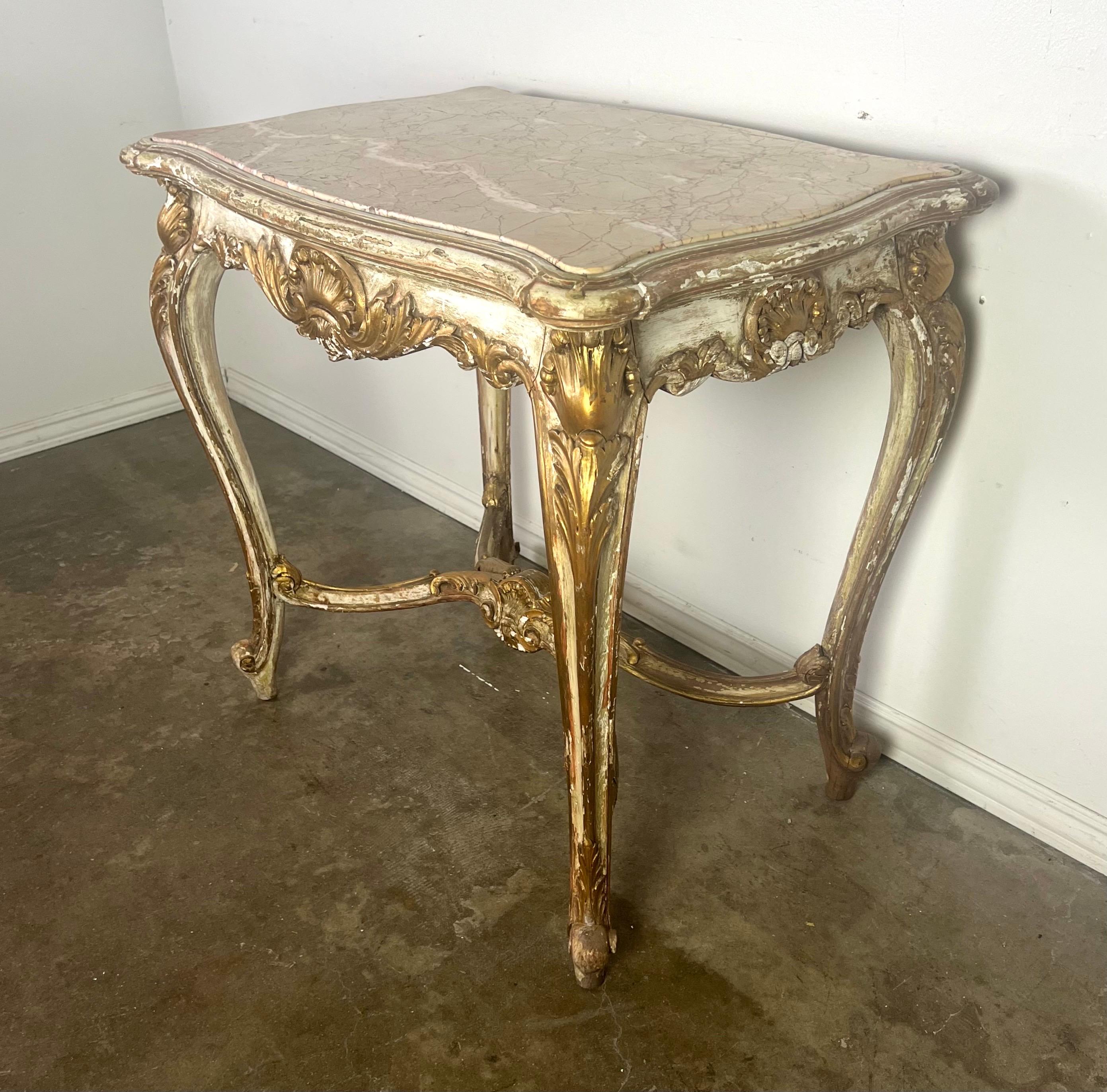 19th Century 19th C. French Painted & Parcel Gilt Table w/ Marble Top For Sale