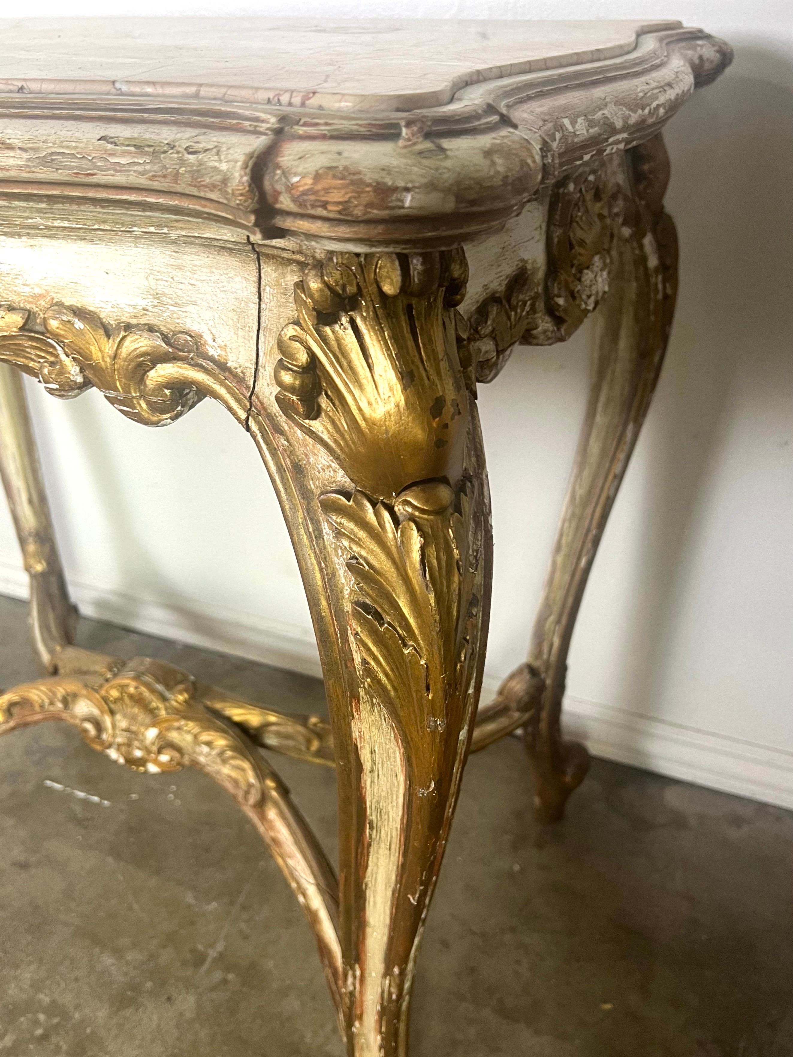 19th C. French Painted & Parcel Gilt Table w/ Marble Top For Sale 2