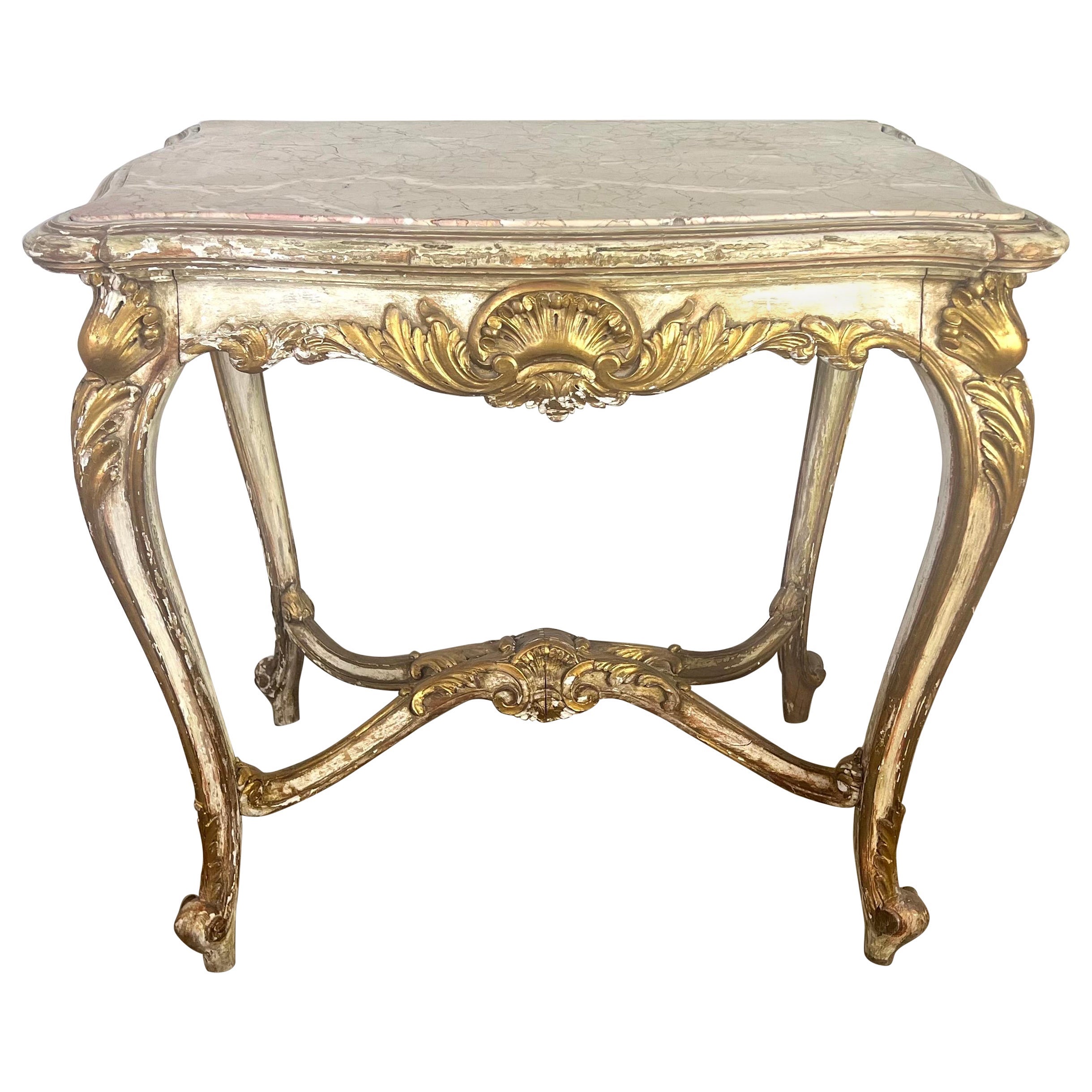 19th C. French Painted & Parcel Gilt Table w/ Marble Top