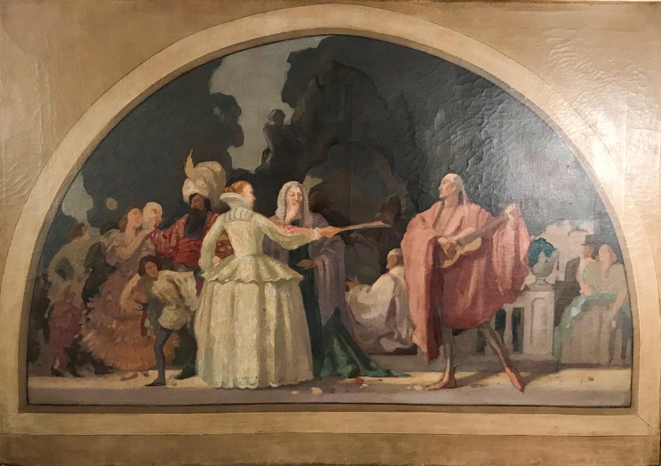 19th century French painting oil/canvas attributed Pierre Puvis de Chavannes.

Large preparatory study for a mural. It is painted in oil on canvas and it depicts a theatrical scene. De Chavannes’ greatest artistic contribution was the medium of