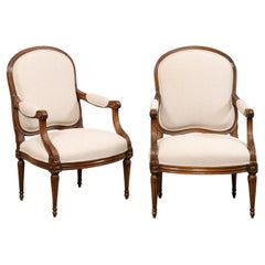 19th C. French Pair Carved-Wood Fauteuil Armchairs, Newly Upholstered in Linen