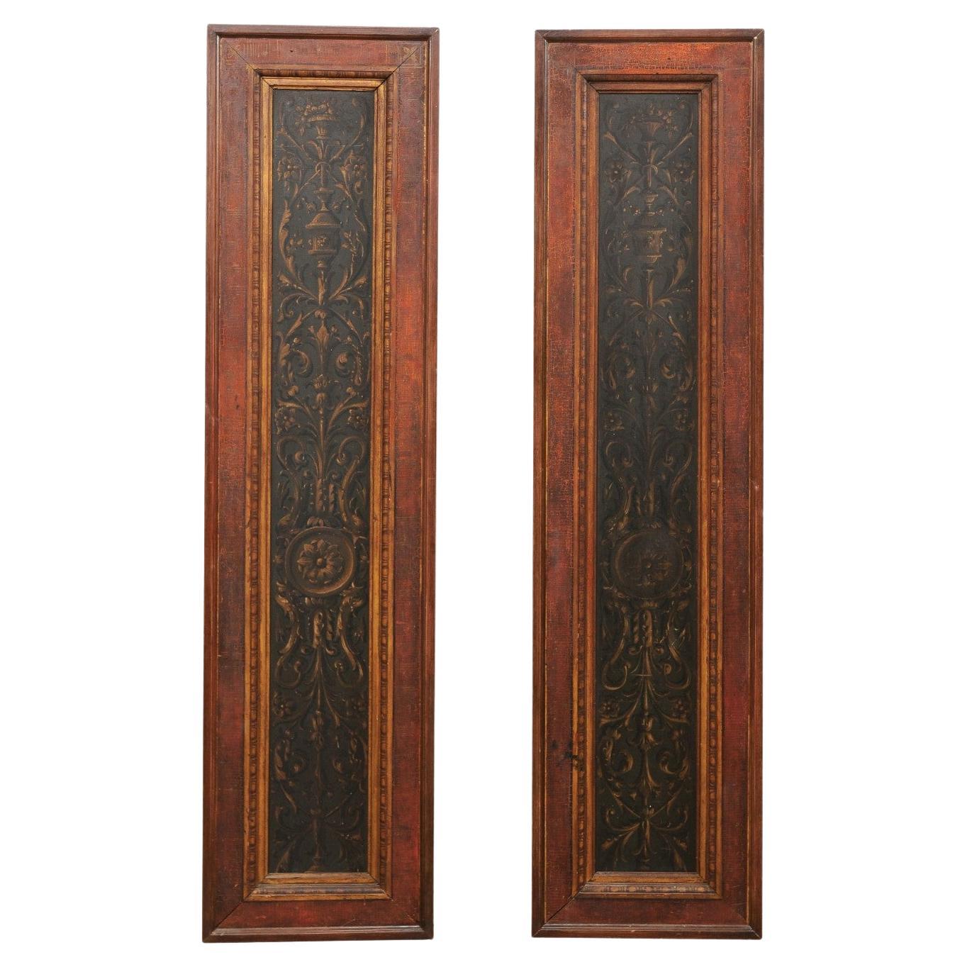 19th Century French Pair of Decoratively Hand-Painted Wooden Wall Panels