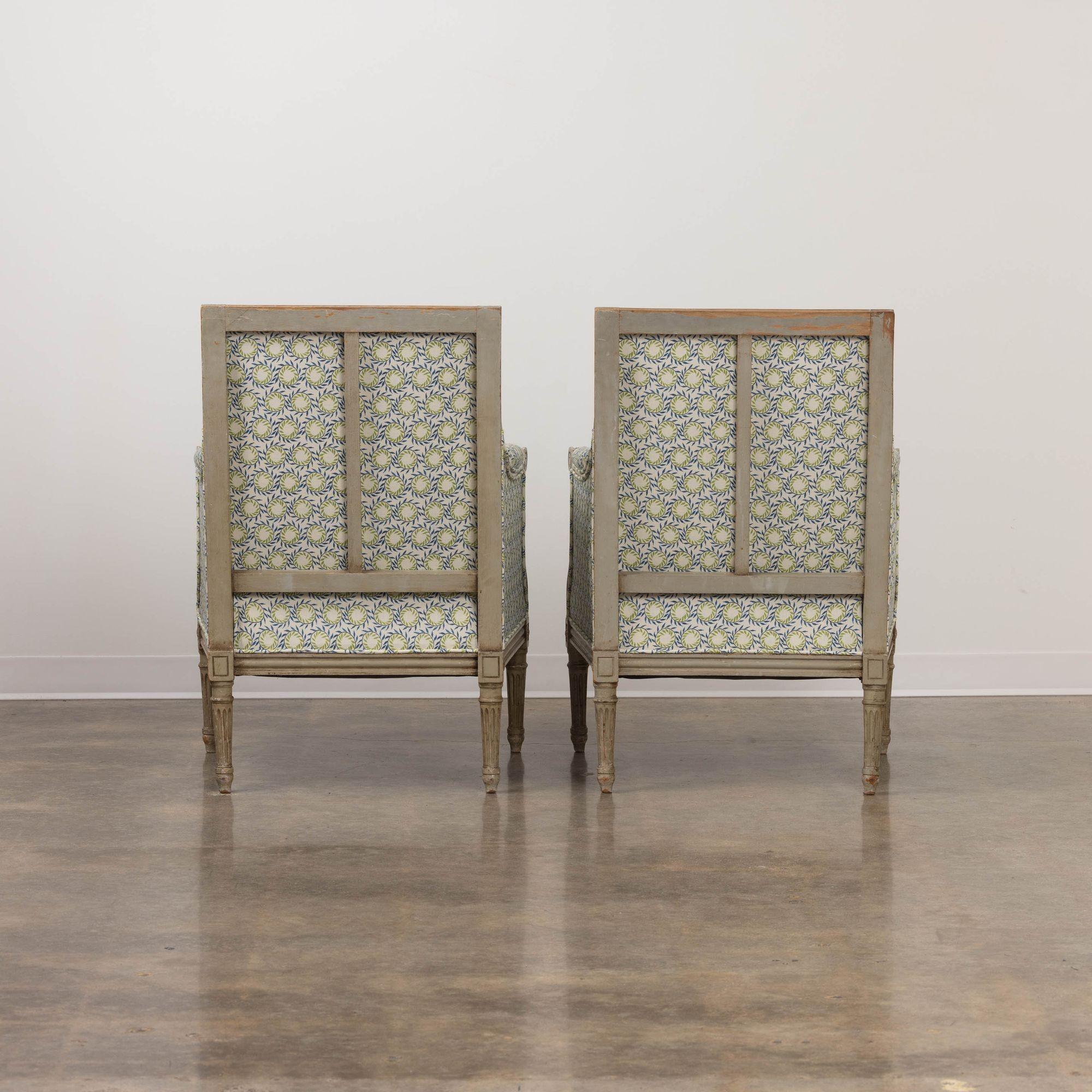 19th Century 19th c. French Pair of Louis XVI Bergère Chairs in Original Paint For Sale