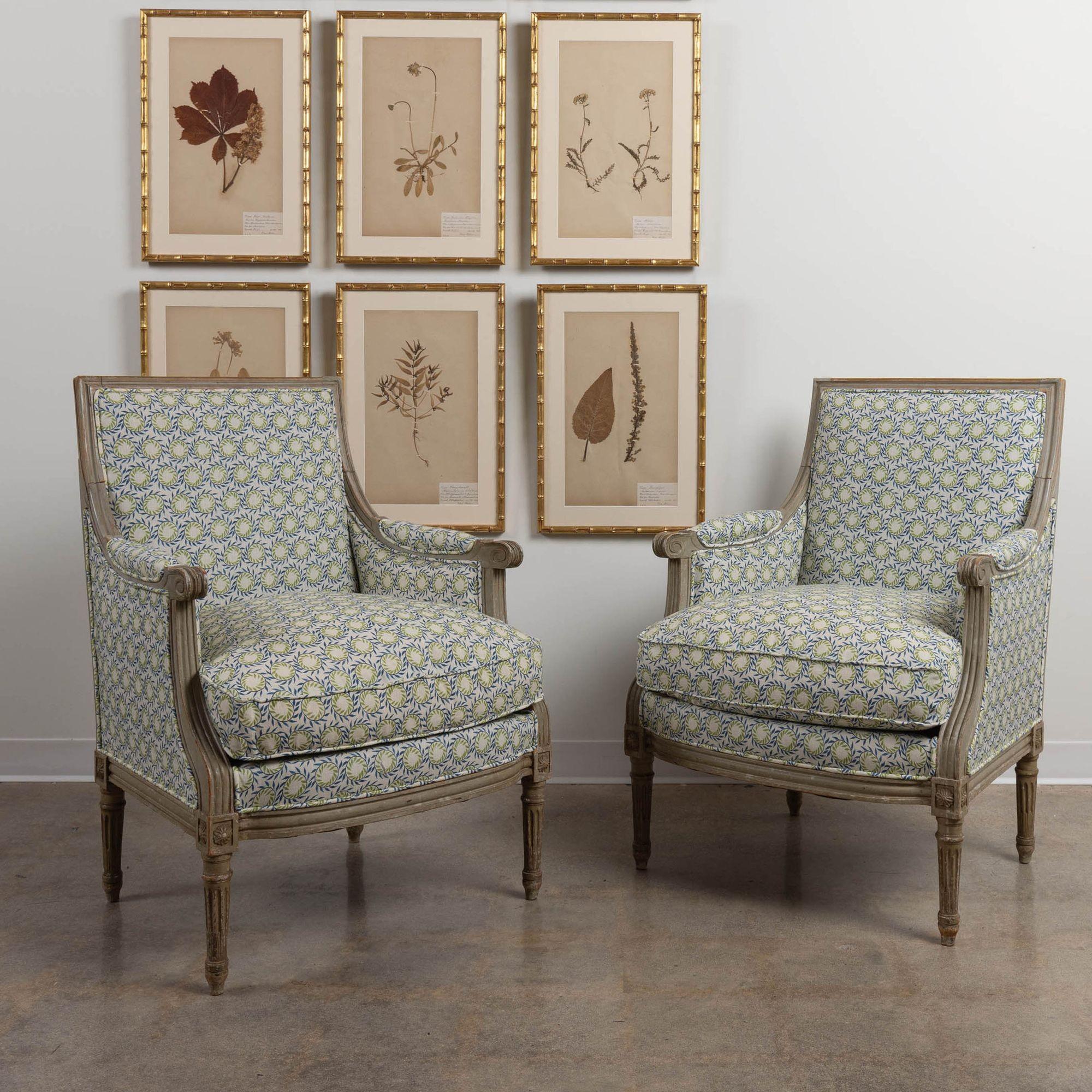 Fabric 19th c. French Pair of Louis XVI Bergère Chairs in Original Paint For Sale