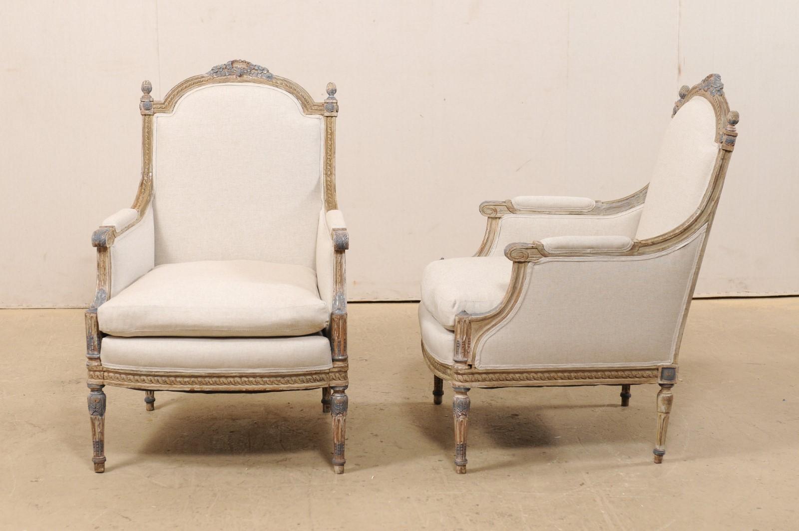 19th Century French Pair of Louis XVI Style Bergère Chairs, Newly Upholstered 6