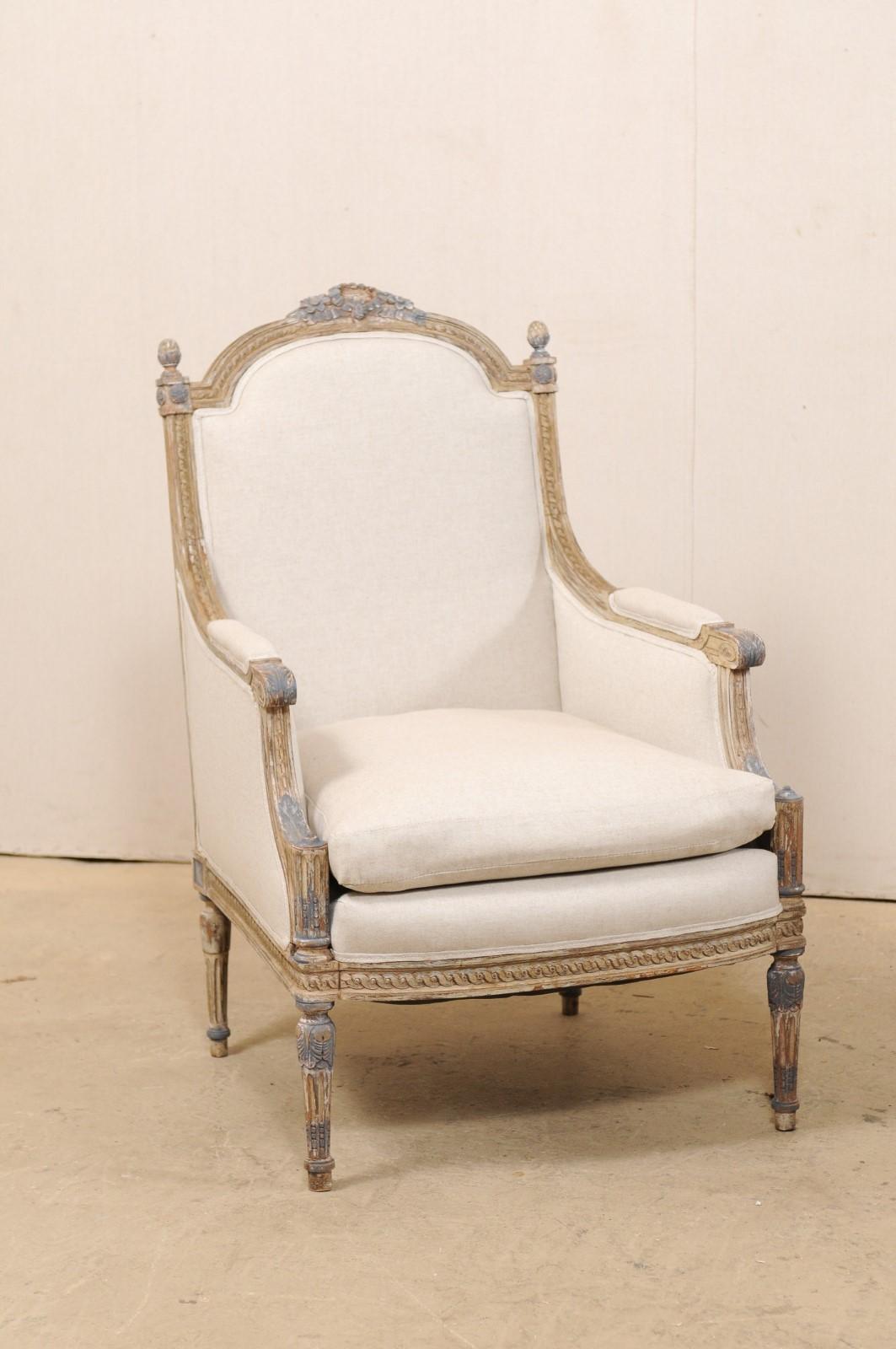 19th Century French Pair of Louis XVI Style Bergère Chairs, Newly Upholstered In Good Condition In Atlanta, GA