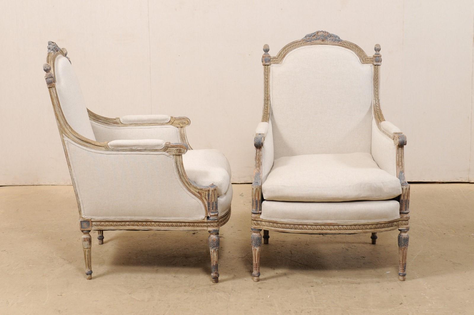 19th Century French Pair of Louis XVI Style Bergère Chairs, Newly Upholstered 2