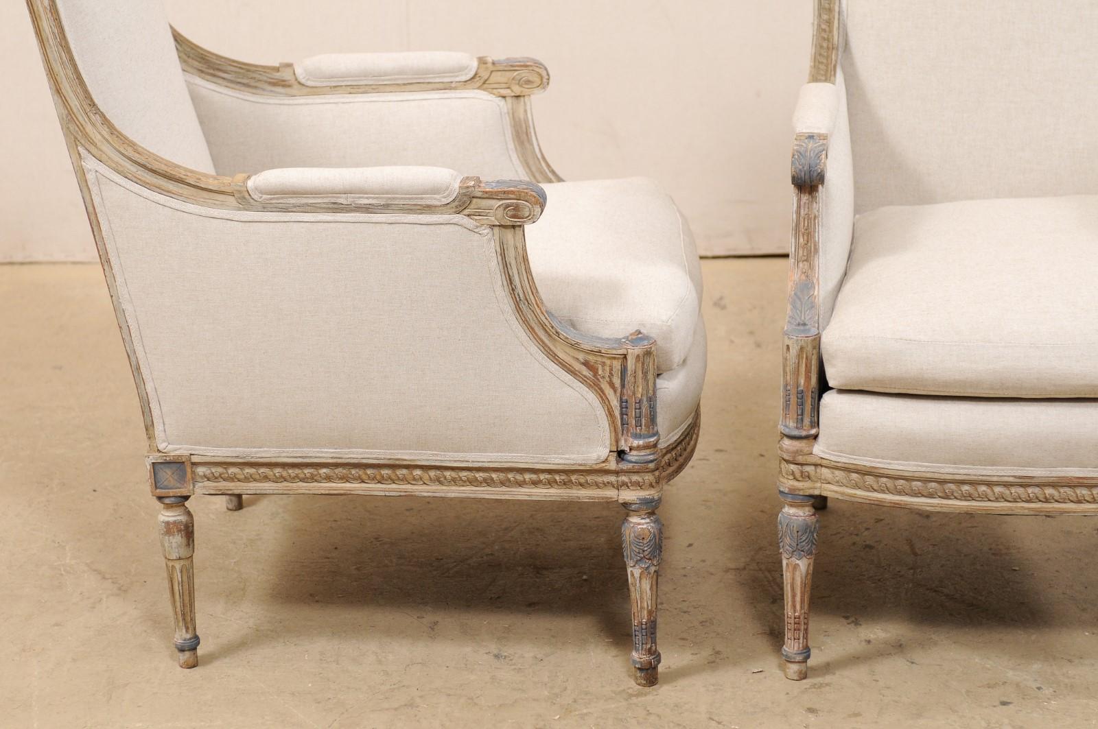 19th Century French Pair of Louis XVI Style Bergère Chairs, Newly Upholstered 3