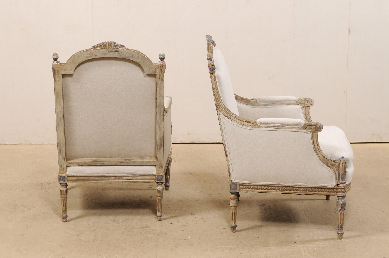 19th Century French Pair of Louis XVI Style Bergère Chairs, Newly Upholstered 4