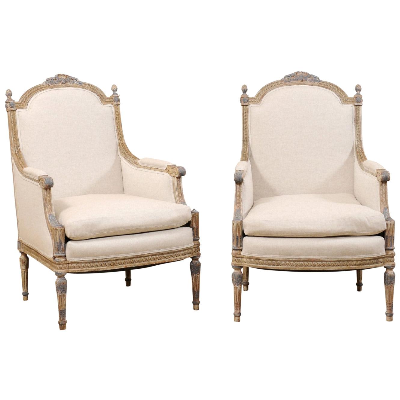 19th Century French Pair of Louis XVI Style Bergère Chairs, Newly Upholstered