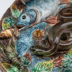 19th Century French Palissy Style Oval Platter with Fish and Reptiles