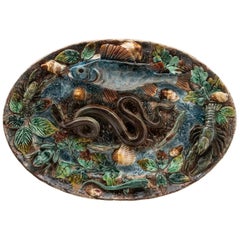 19th Century French Palissy Style Oval Platter with Fish and Reptiles