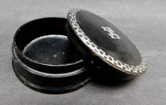 19th C. French Papier Mâché Snuff or Pill Box Black with Inlaid metal Design