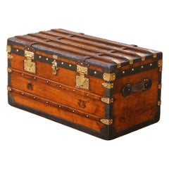 Antique 19th C. French Parisian Travel Trunk Coffee Table with Brass and Iron Hardware