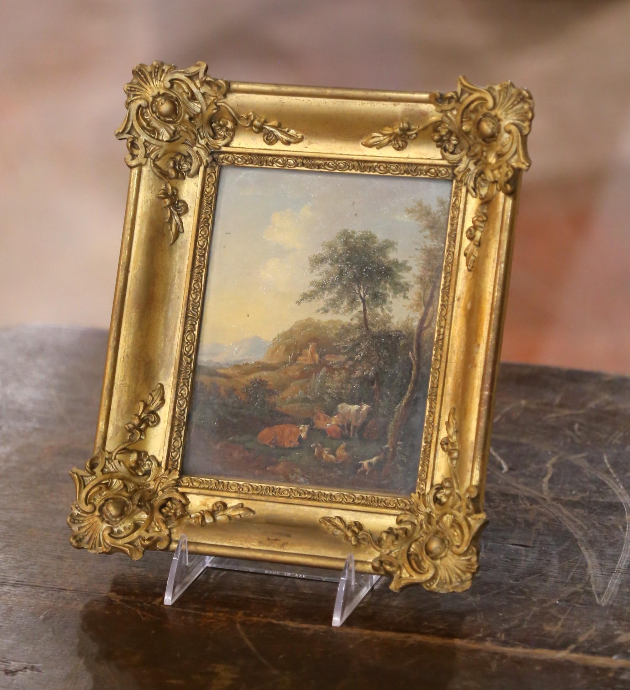 Hand-Carved 19th C. French Pastoral Landscape Painting on Board with Glass in Gilt Frame For Sale