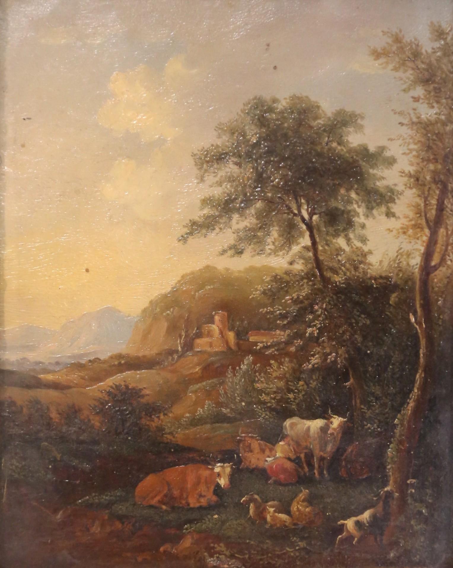 19th C. French Pastoral Landscape Painting on Board with Glass in Gilt Frame In Excellent Condition For Sale In Dallas, TX