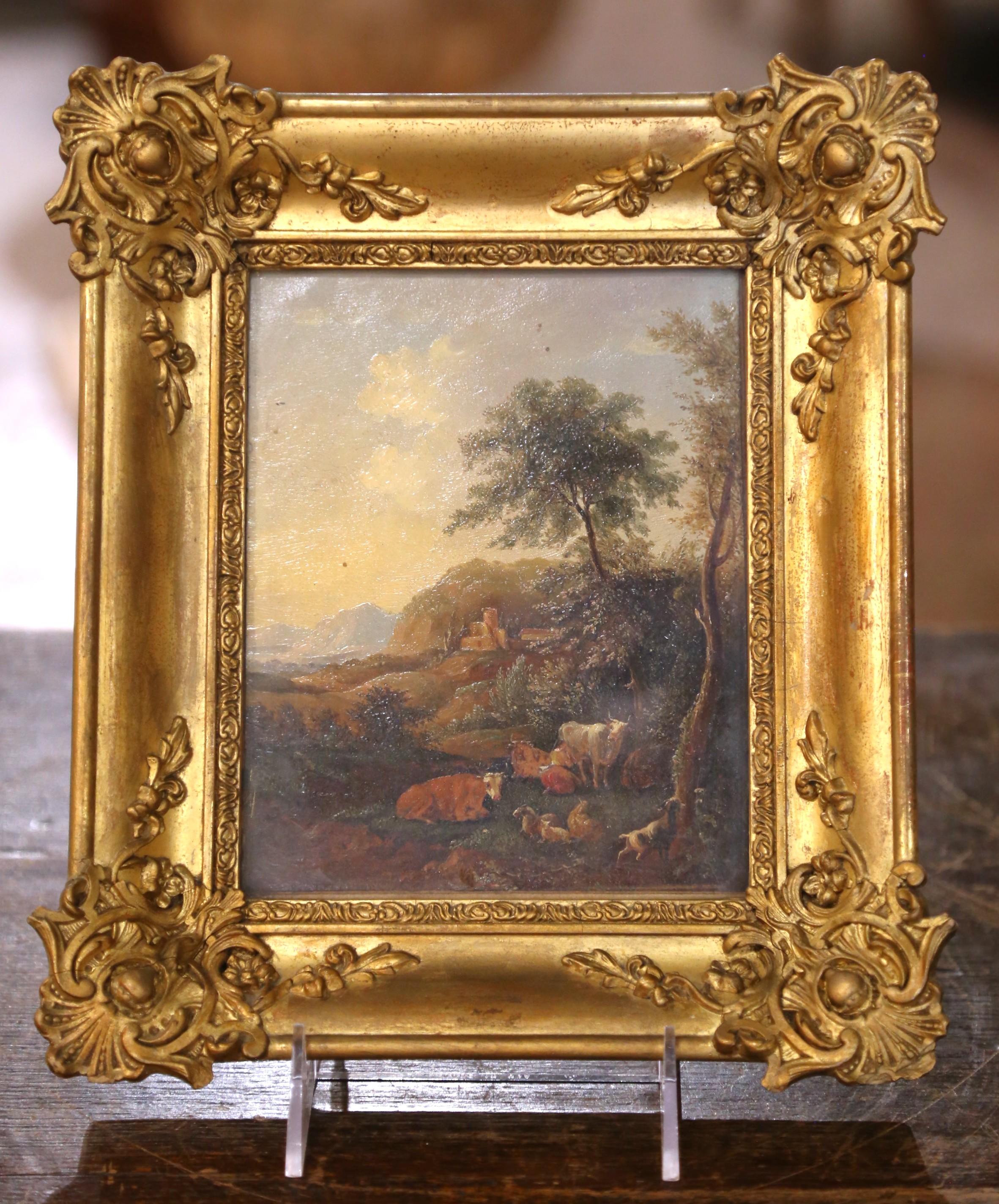 19th Century 19th C. French Pastoral Landscape Painting on Board with Glass in Gilt Frame For Sale