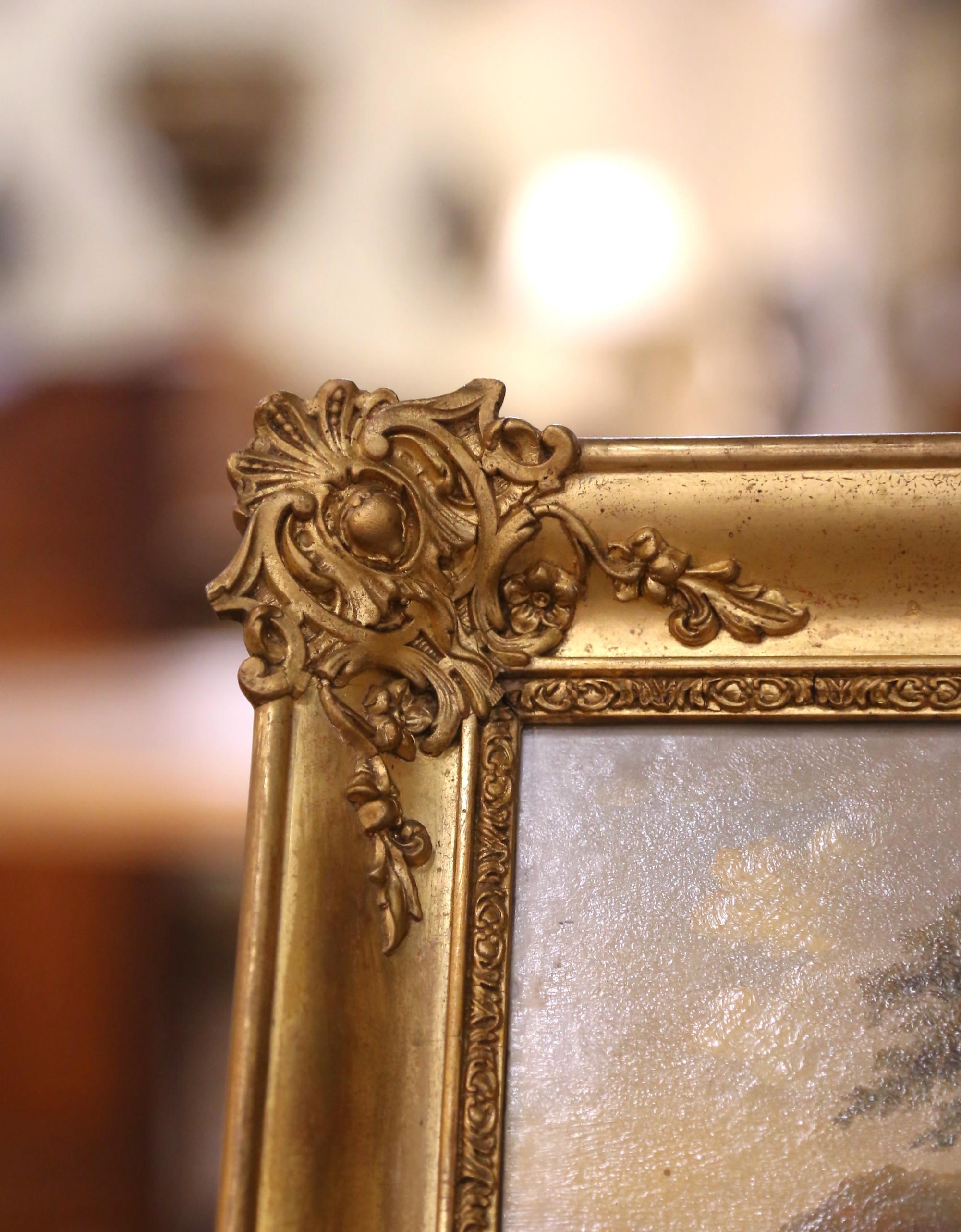 Giltwood 19th C. French Pastoral Landscape Painting on Board with Glass in Gilt Frame For Sale