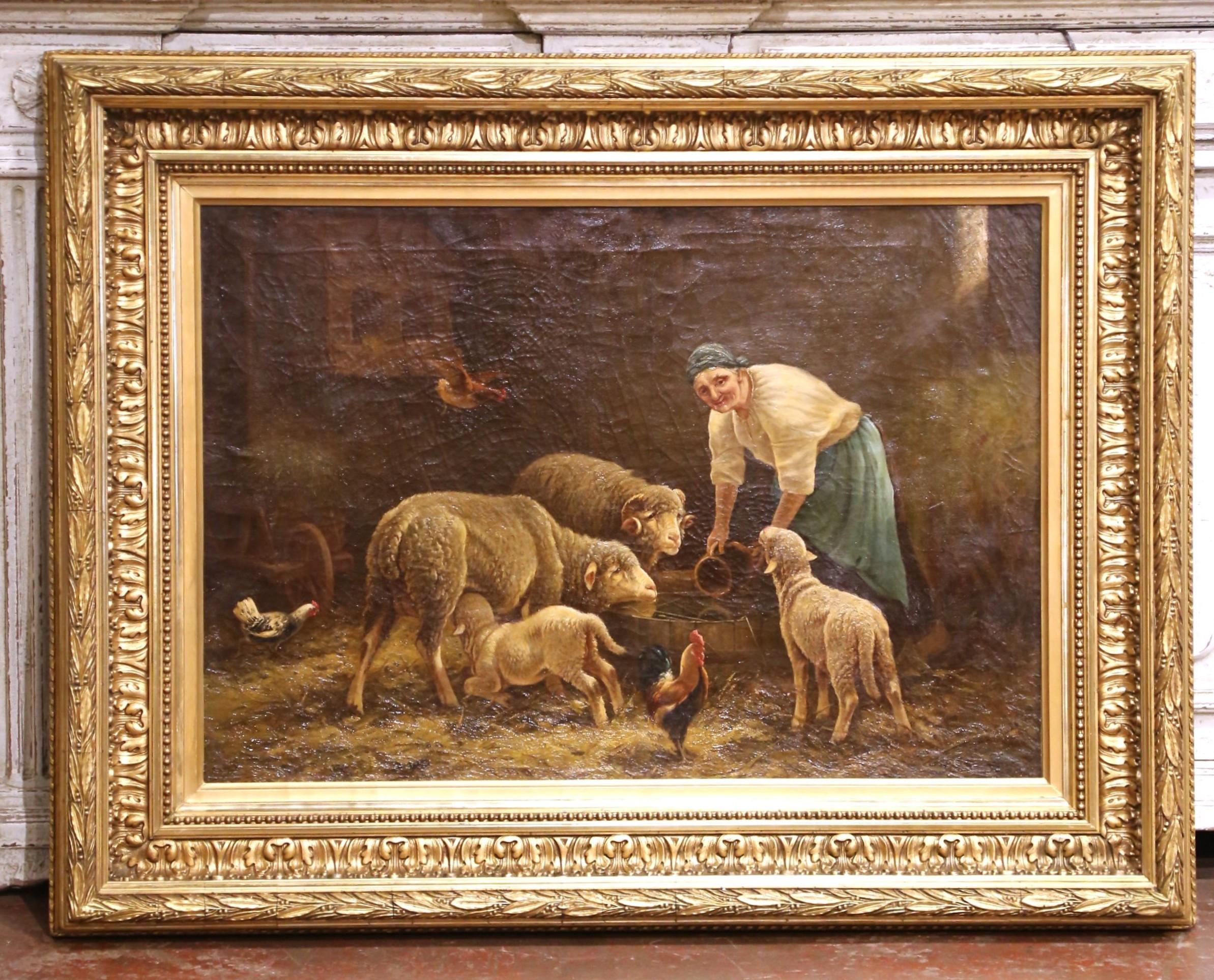 19th C. French Pastoral Oil on Canvas in Giltwood Frame by Charles Hélygouët For Sale 1