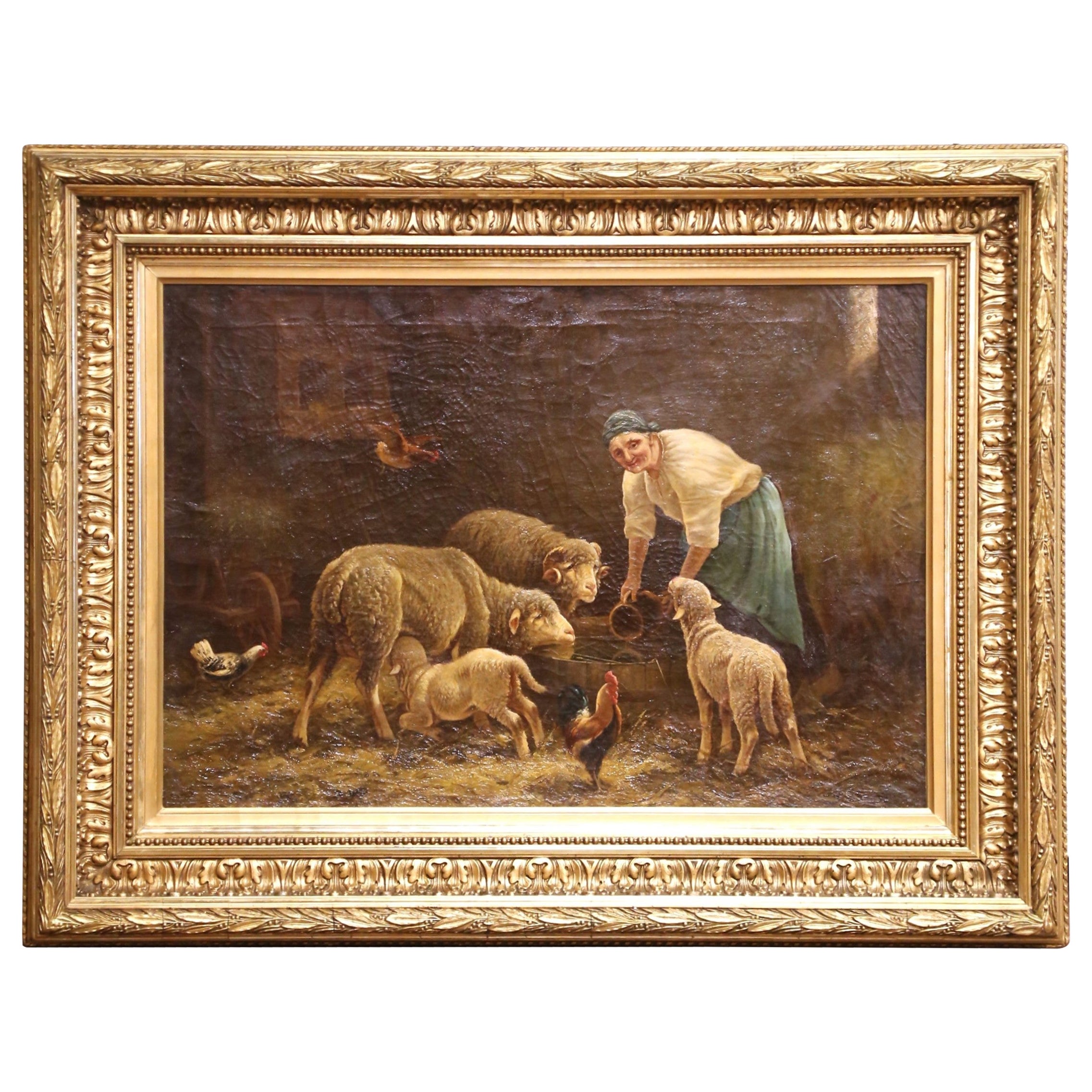 19th C. French Pastoral Oil on Canvas in Giltwood Frame by Charles Hélygouët For Sale