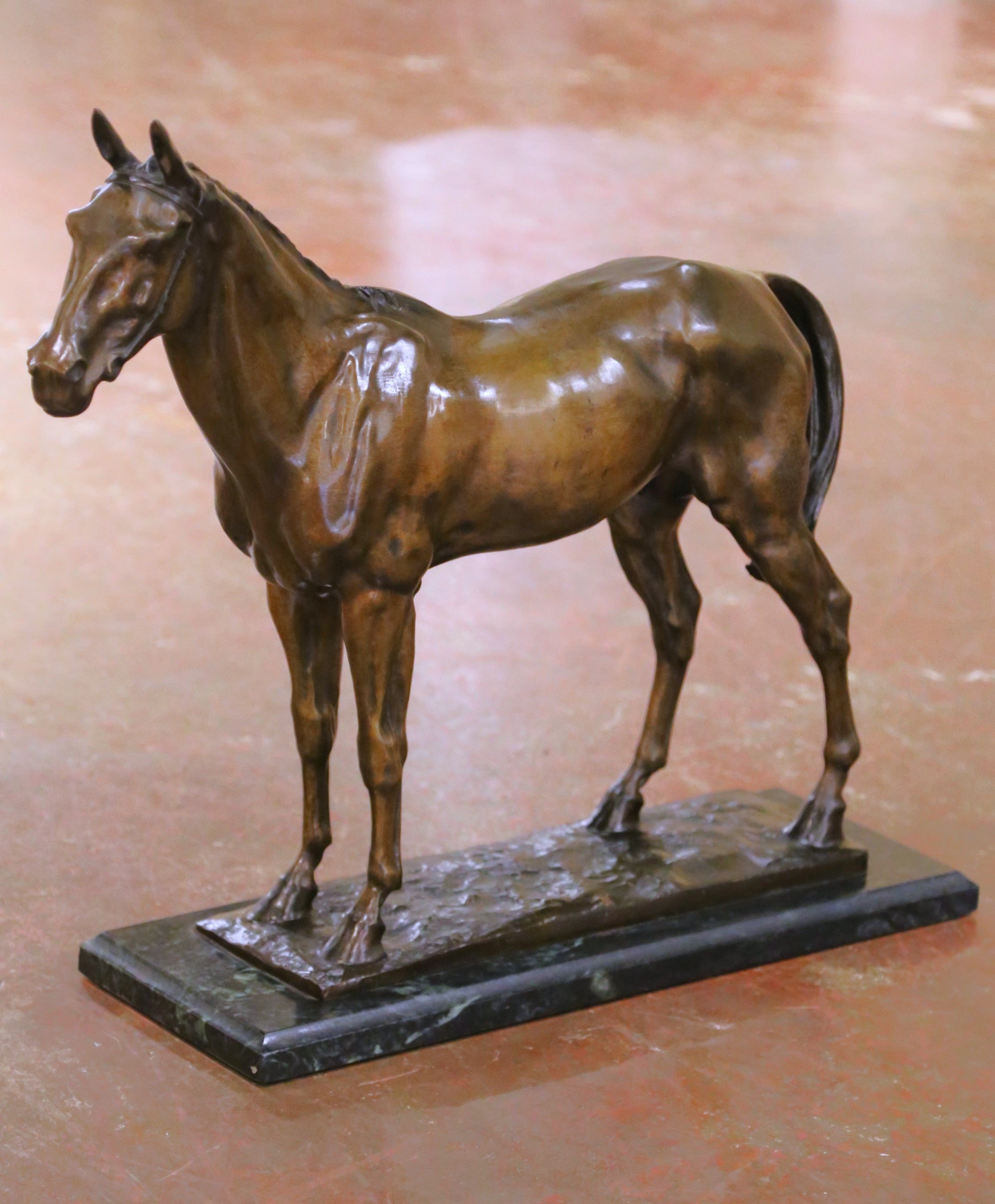 19th C. French Patinated Bronze Horse Sculpture on Marble Base Signed C. Fratin For Sale