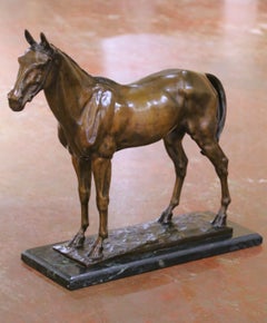 19th C. French Patinated Bronze Horse Sculpture on Marble Base Signed C. Fratin