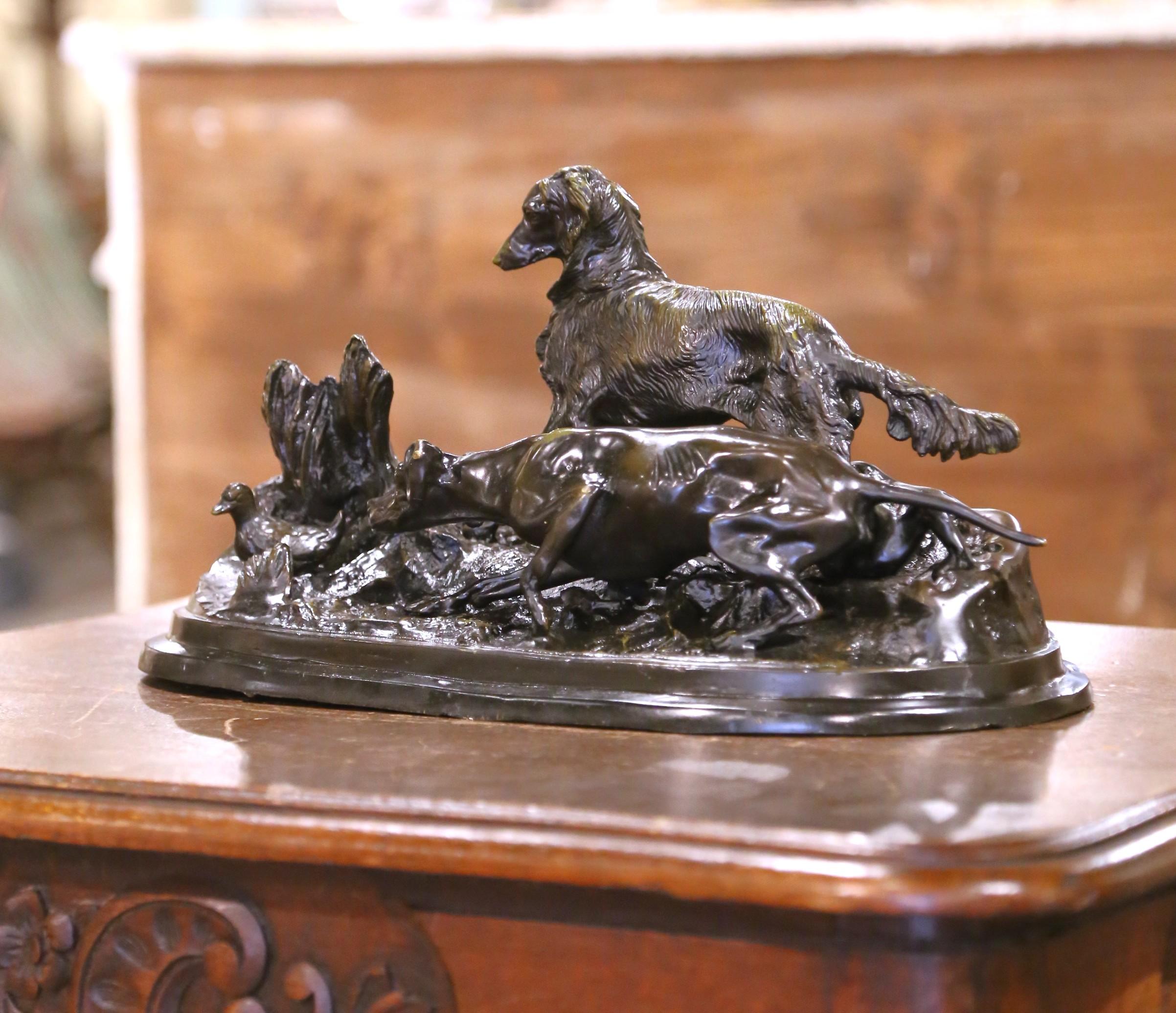 This finely cast French hunt scene sculpture was crafted in the late 19th century and rendered in bronze with a rich toned patinated finish. In the dynamic and highly naturalistic style associated with Jules Moigniez (1835–1894), the composition
