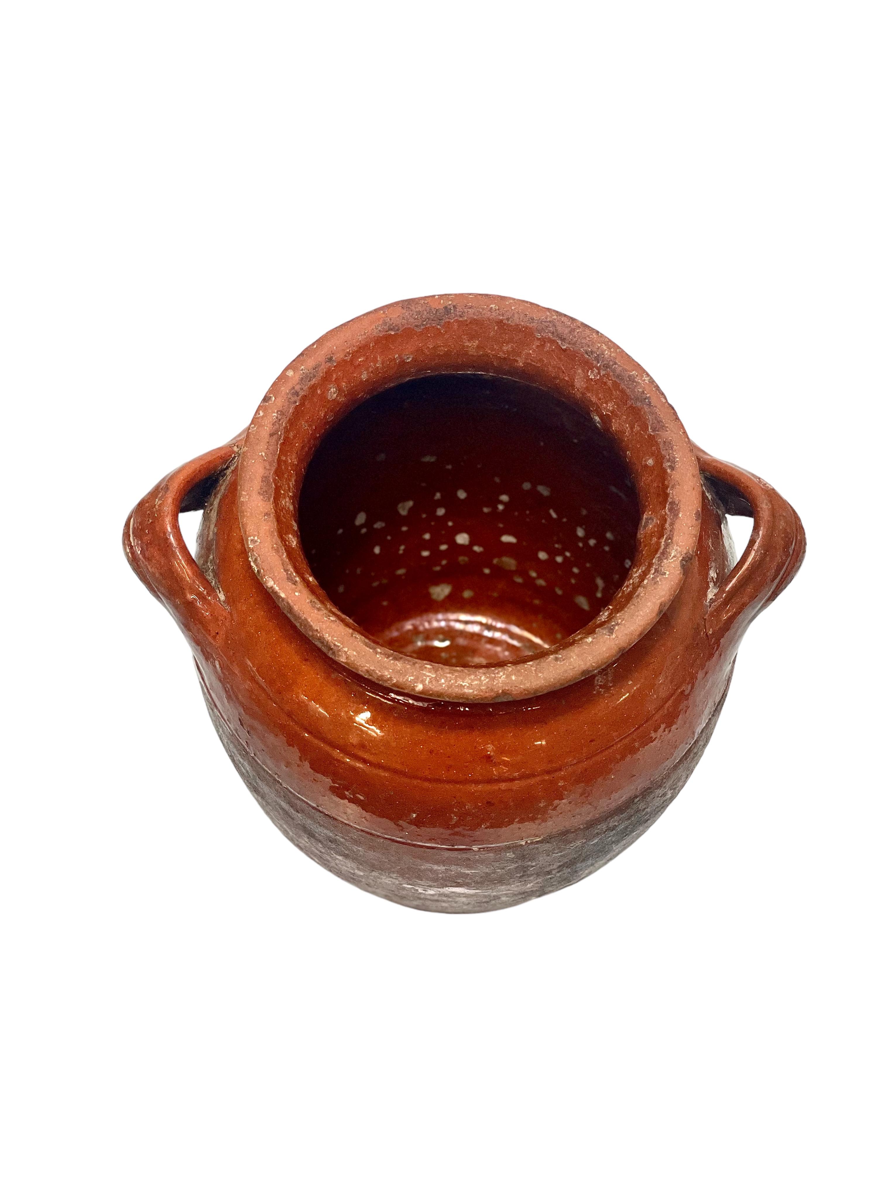Glazed 19th C. French Petite Rustic Terracotta Confit Pot For Sale