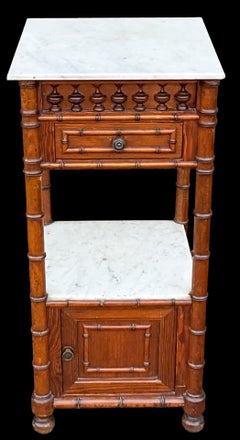19th-C. French Pine Faux Bamboo Marble Top Stand / Pedestal / Side Table