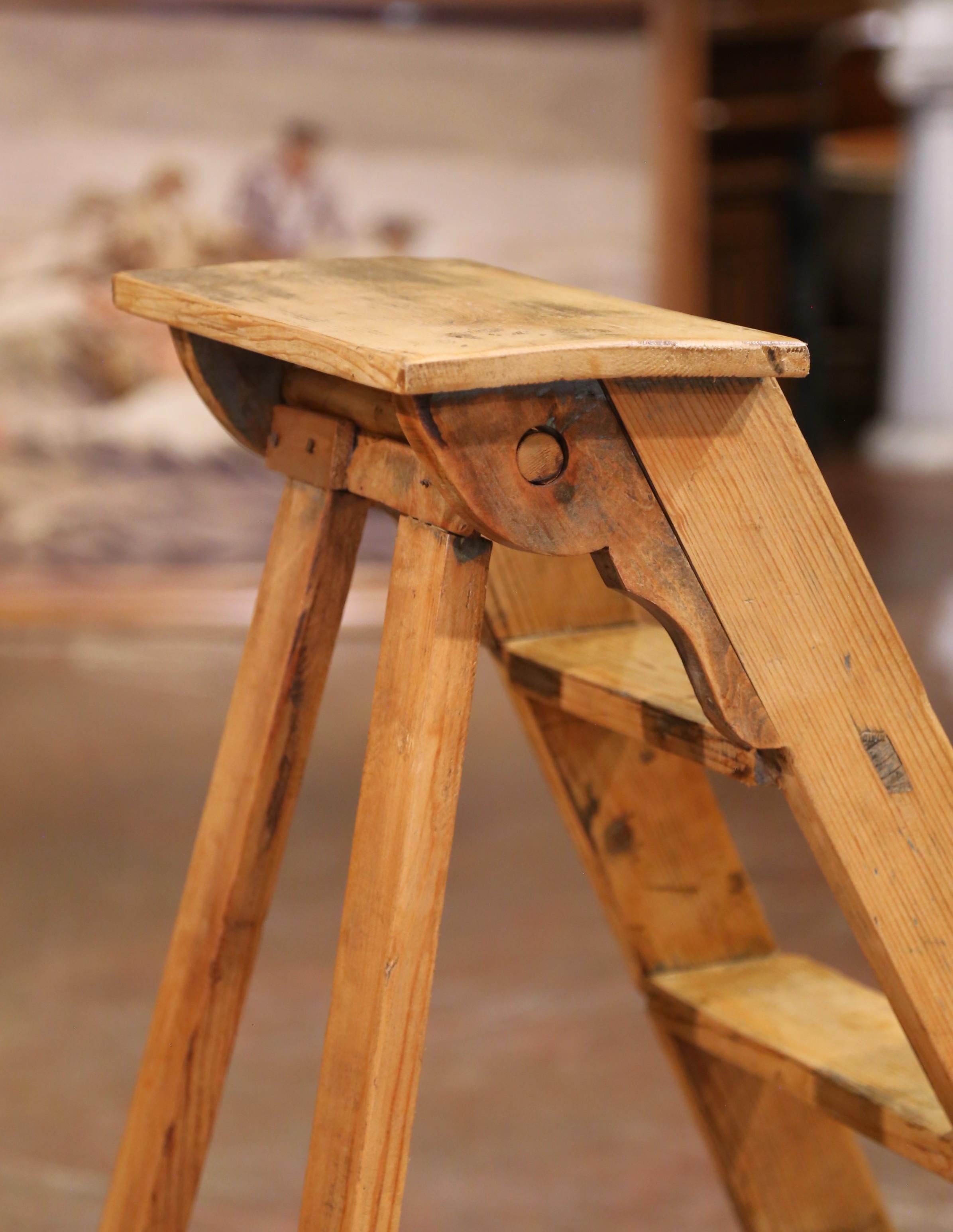 Country 19th C. French Pine Folding Six-Step Ladder with Locking Bar Mechanism For Sale