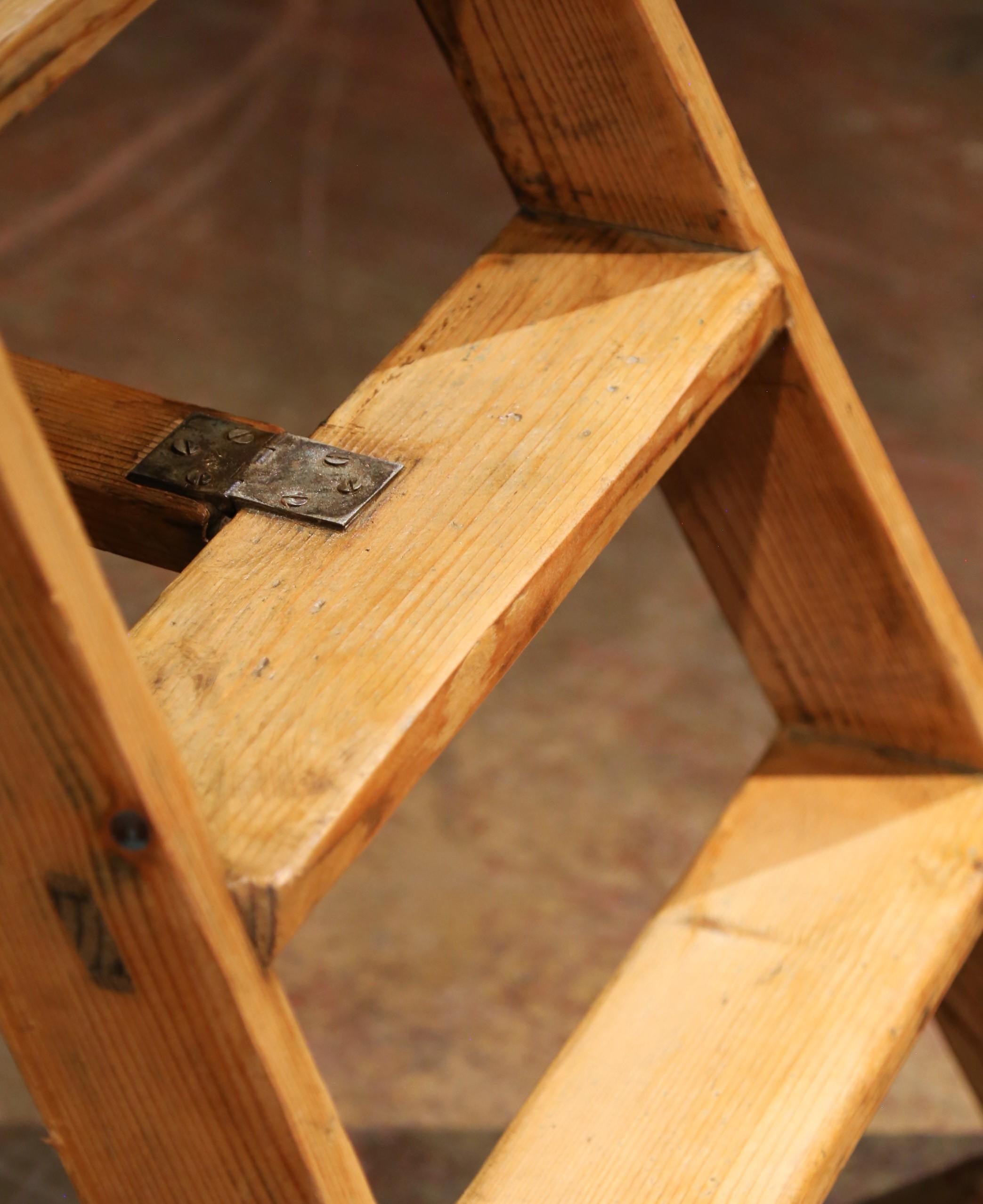 Hand-Carved 19th C. French Pine Folding Six-Step Ladder with Locking Bar Mechanism For Sale